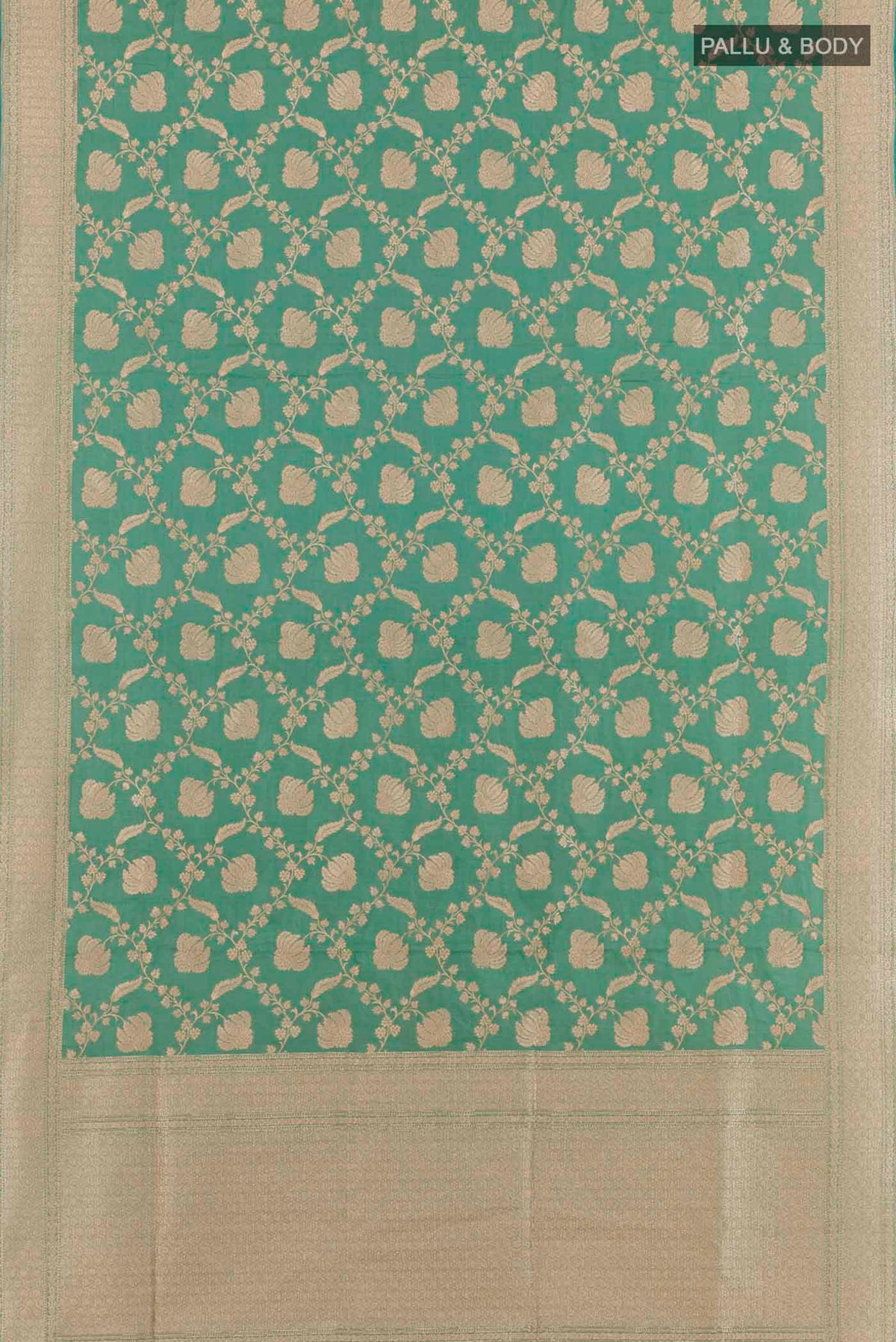 Flat view of Sea Green Banarasi Silk Saree with Zari Brocade on the body and Zari Border. 