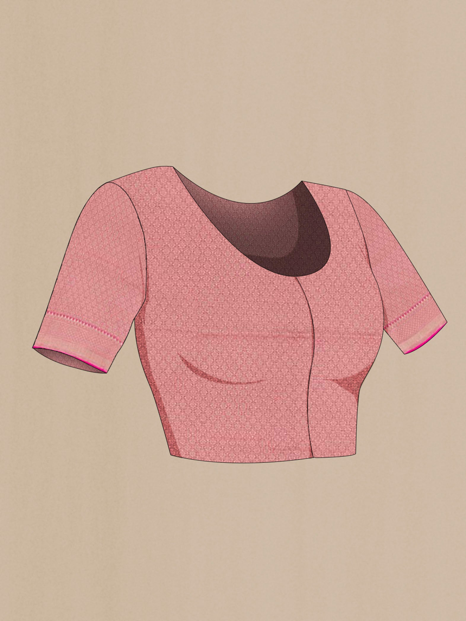 Close up image of the blouse of Pink Banarasi Silk Saree with Zari Brocade on the body and Zari Border. 