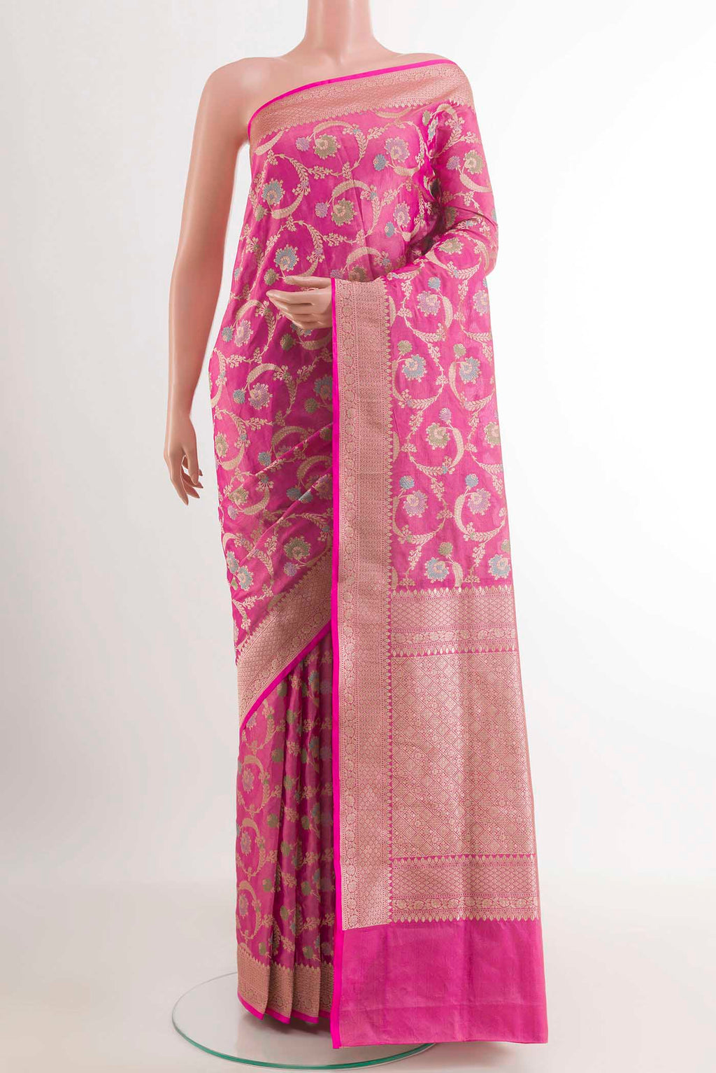 Pink Banarasi Silk Saree with Zari Brocade on the body and Zari Border.  displayed on a mannequin