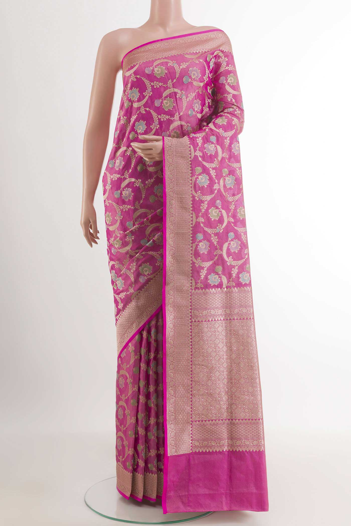 Pink Banarasi Silk Saree with Zari Brocade on the body and Zari Border.  displayed on a mannequin