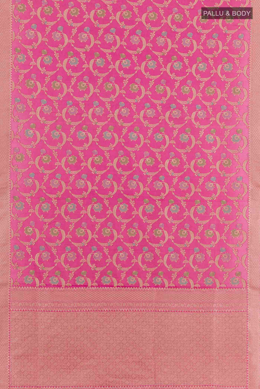 Flat view of Pink Banarasi Silk Saree with Zari Brocade on the body and Zari Border. 
