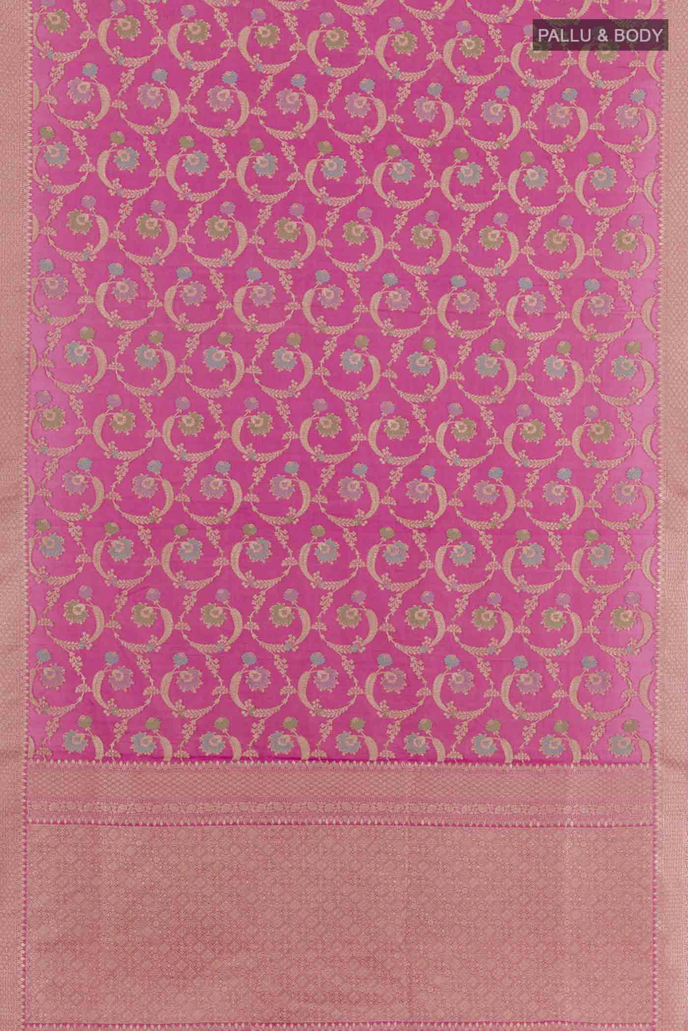 Flat view of Pink Banarasi Silk Saree with Zari Brocade on the body and Zari Border. 