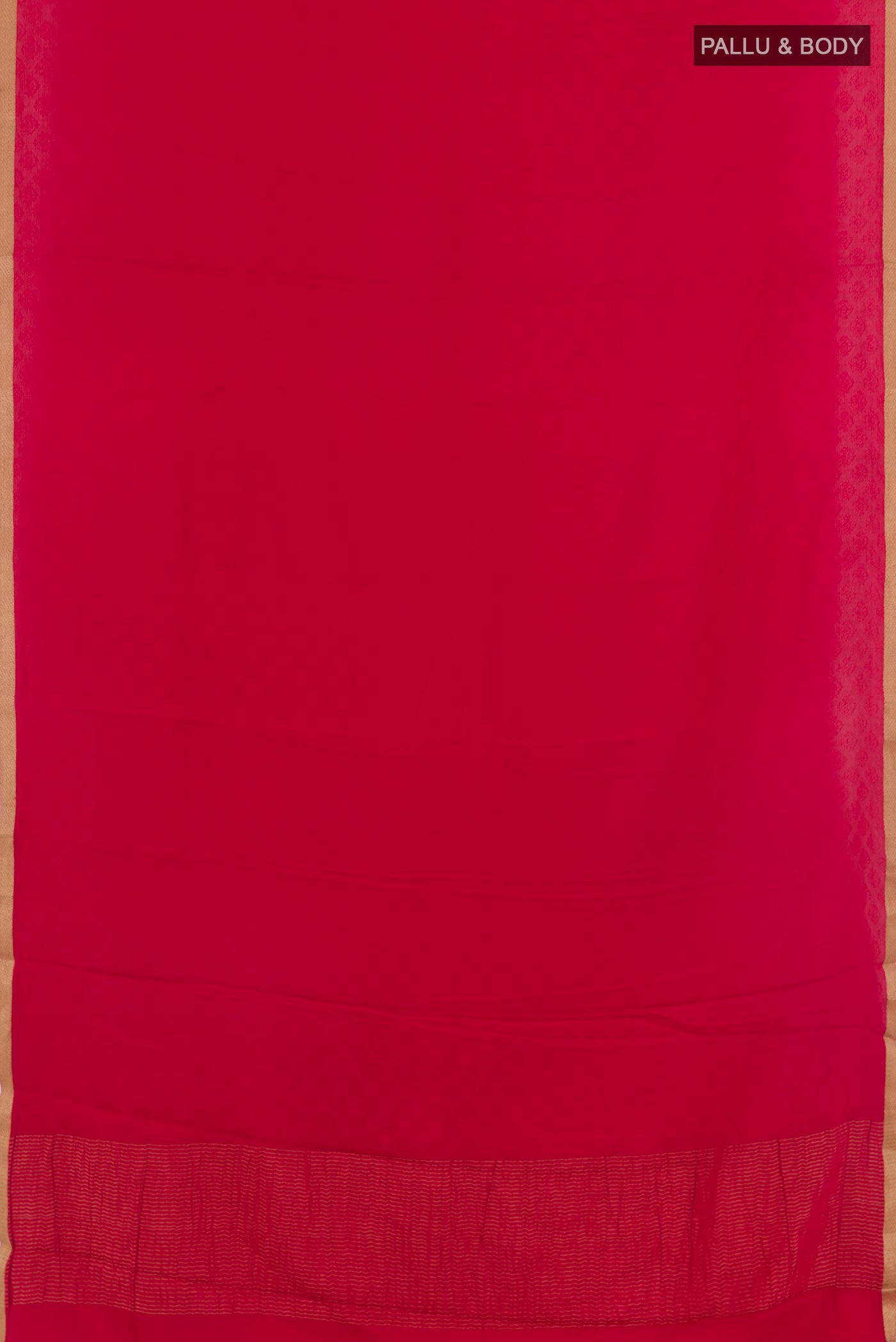Flat view of Red Mysore Crepe Saree with Jacquard design on the body and Zari Border. 
