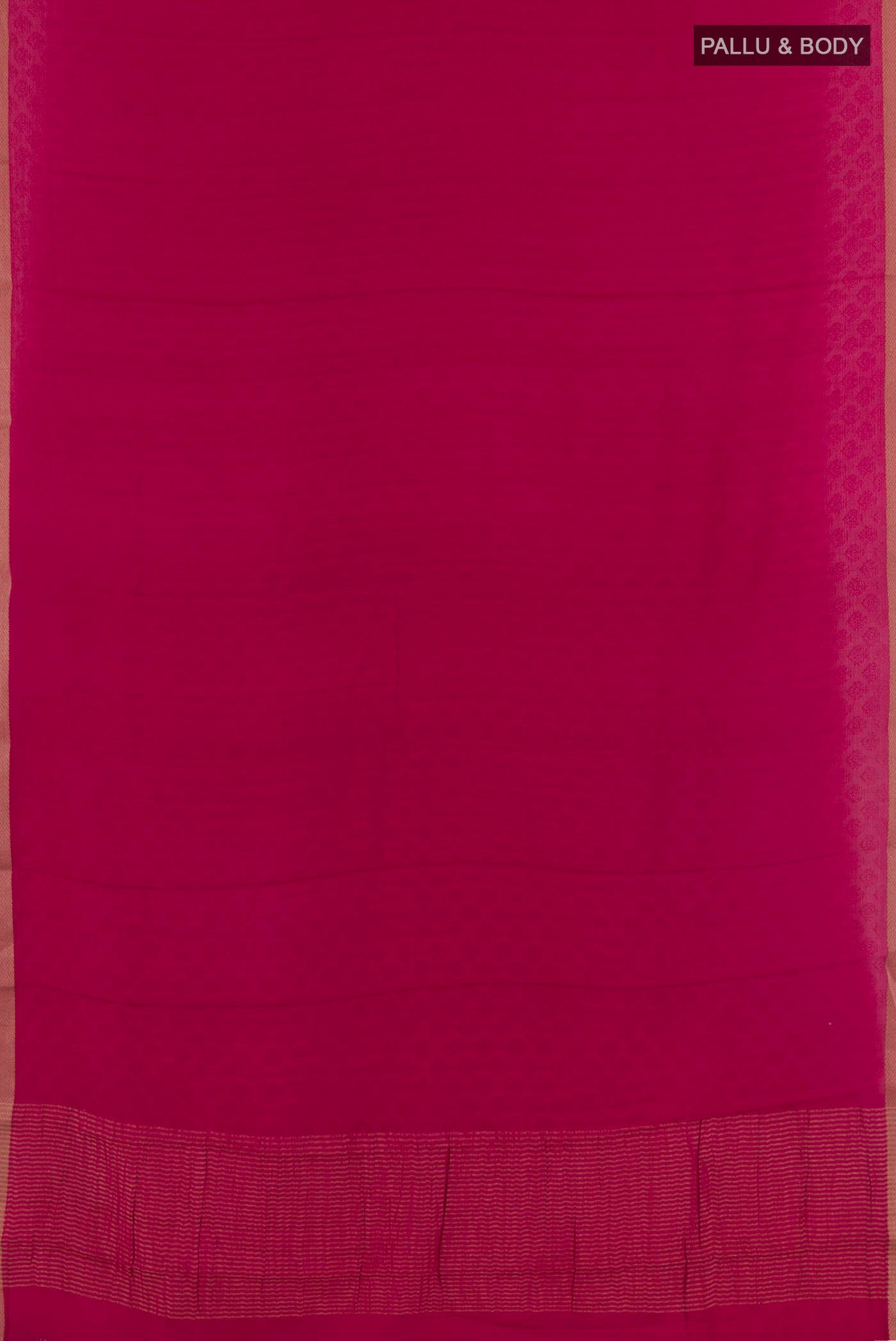 Flat view of Pink Mysore Crepe Saree with Jacquard design on the body and Zari Border. 