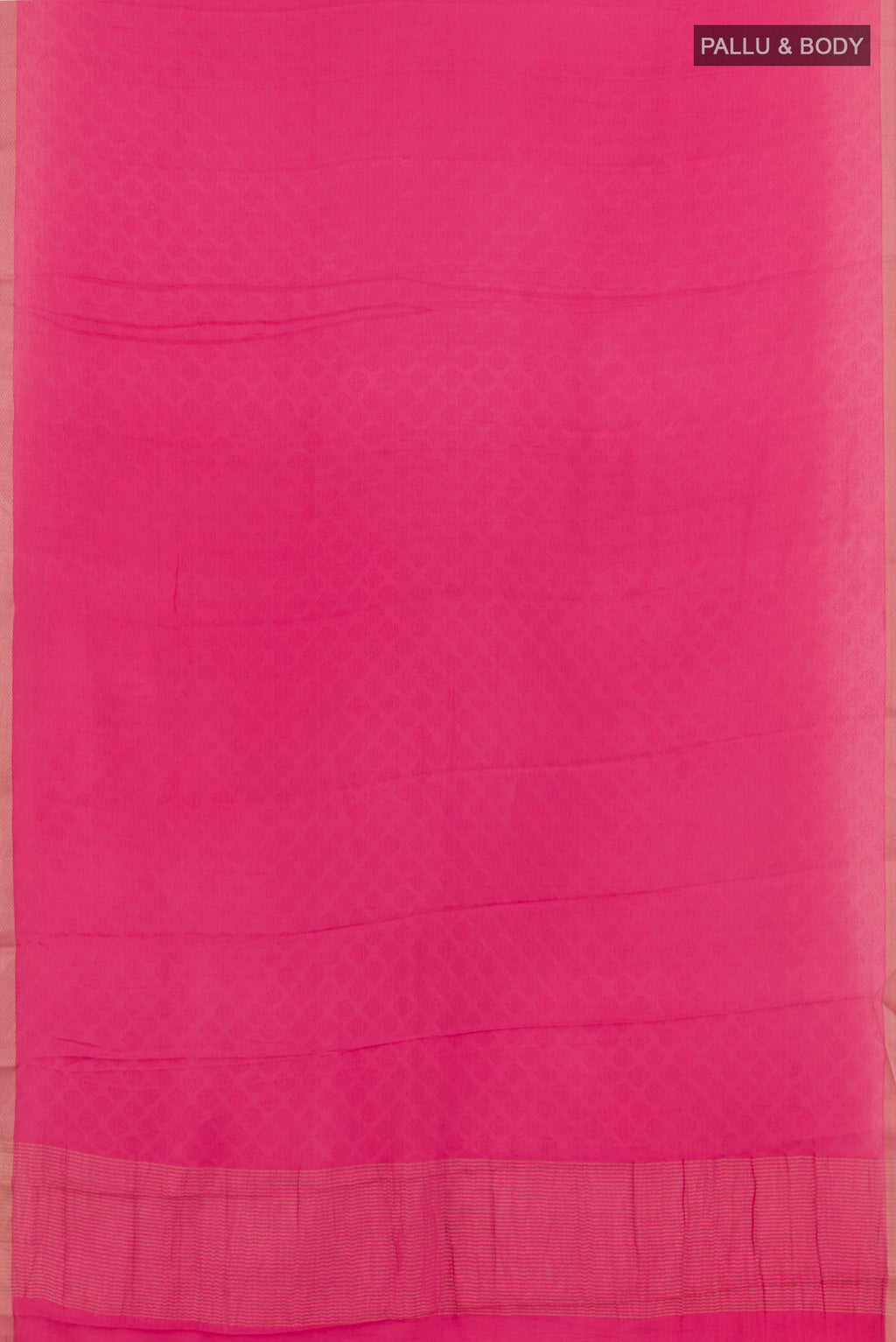Flat view of Pink Mysore Crepe Saree with Jacquard design on the body and Zari Border. 