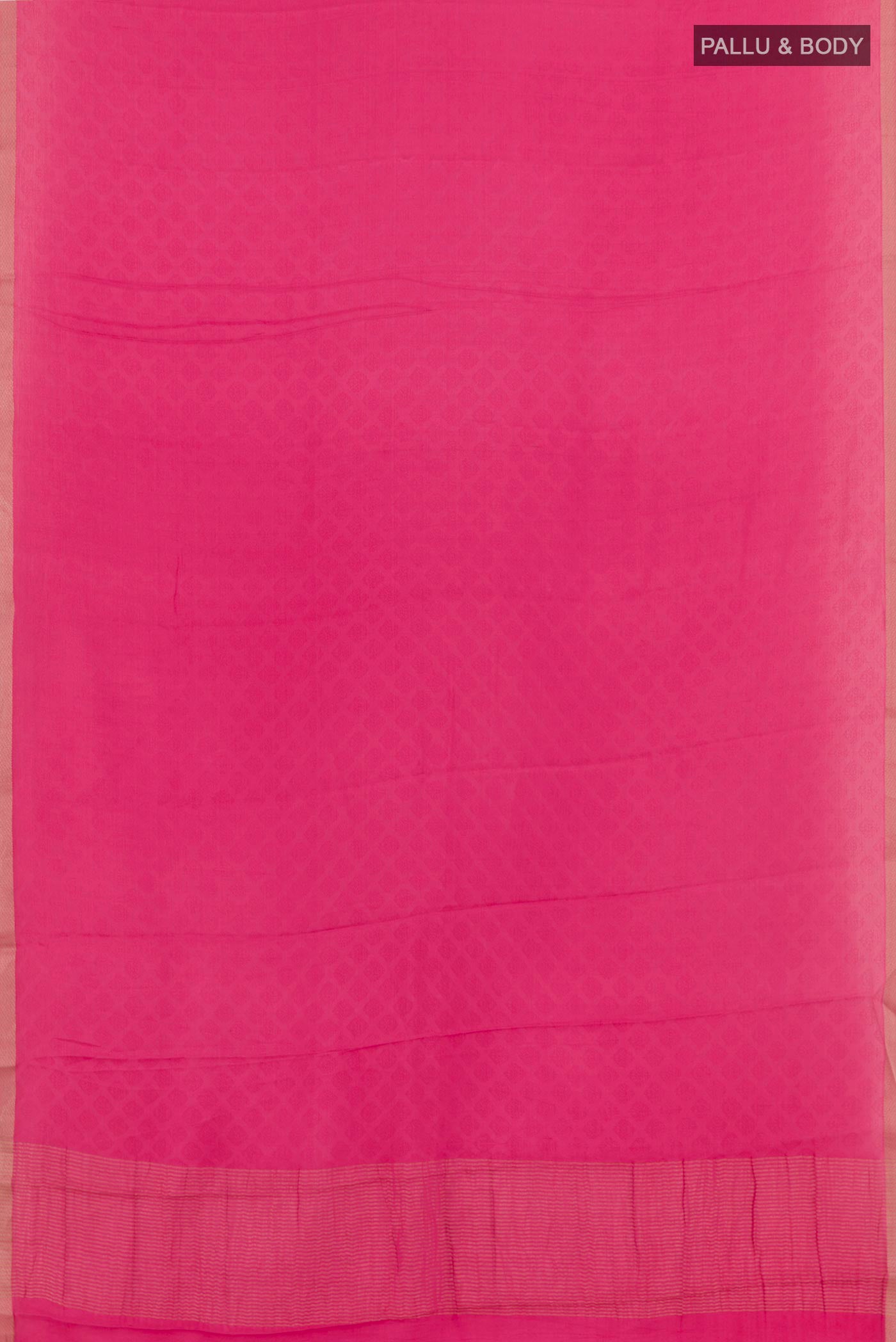 Flat view of Pink Mysore Crepe Saree with Jacquard design on the body and Zari Border. 