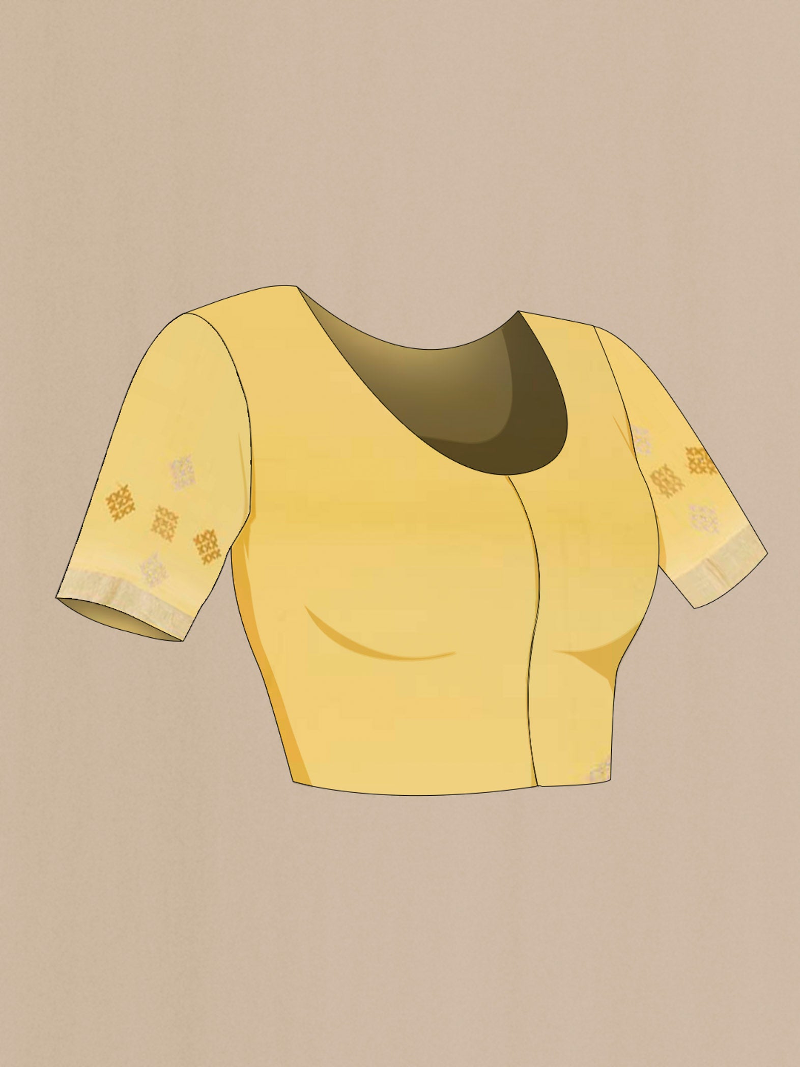 Close up image of the blouse of Yellow Mysore Georgette Saree with Checked design on the body and Zari Border. 