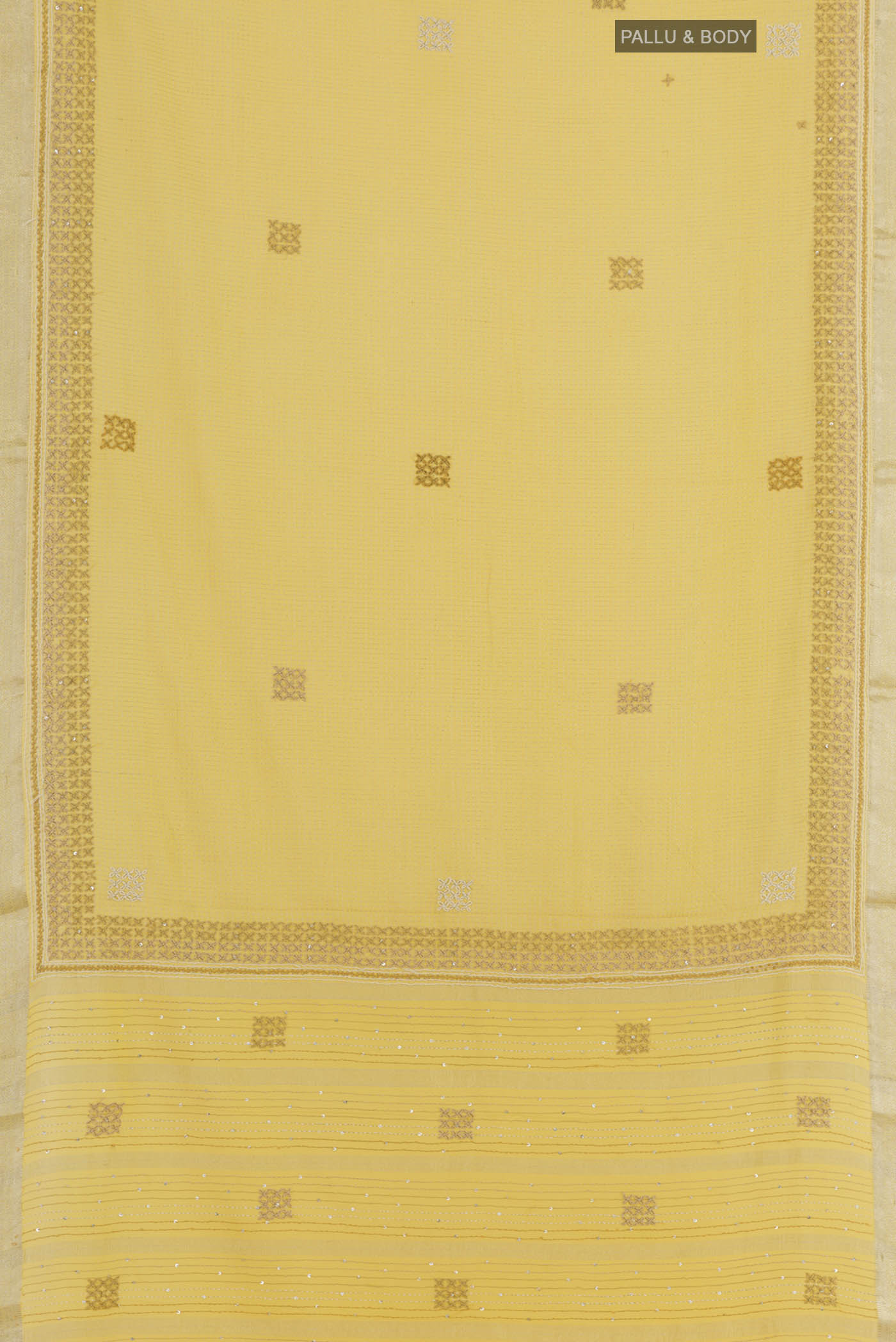 Flat view of Yellow Mysore Georgette Saree with Checked design on the body and Zari Border. 