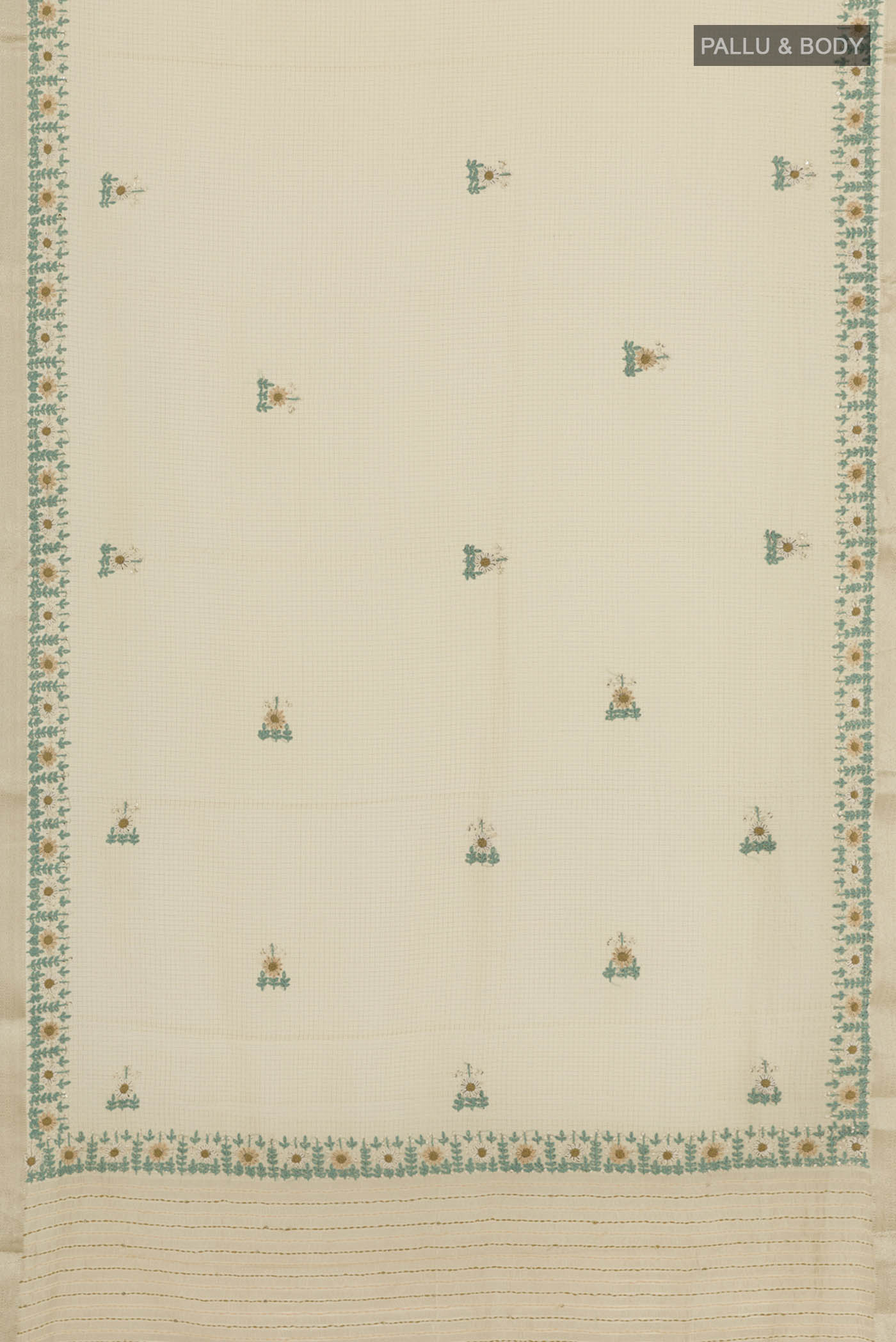 Flat view of Off White Mysore Crepe Saree with Checked design on the body and Zari Border. 