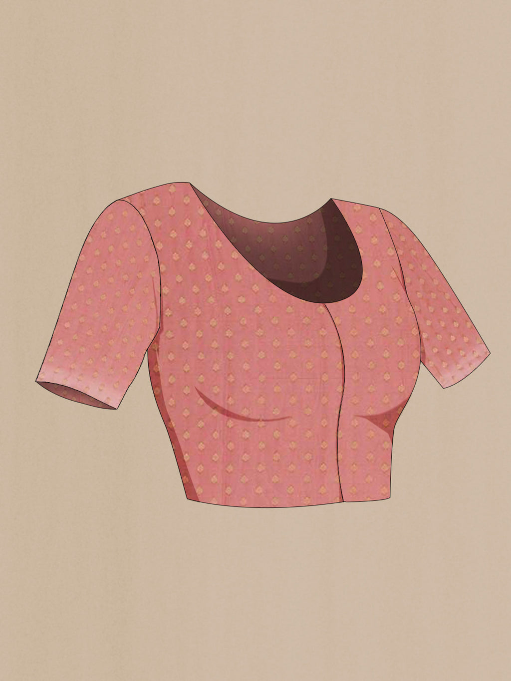 Close up image of the blouse of Pink Mysore Crepe Saree with Embroidery on the body and Zari Border. 