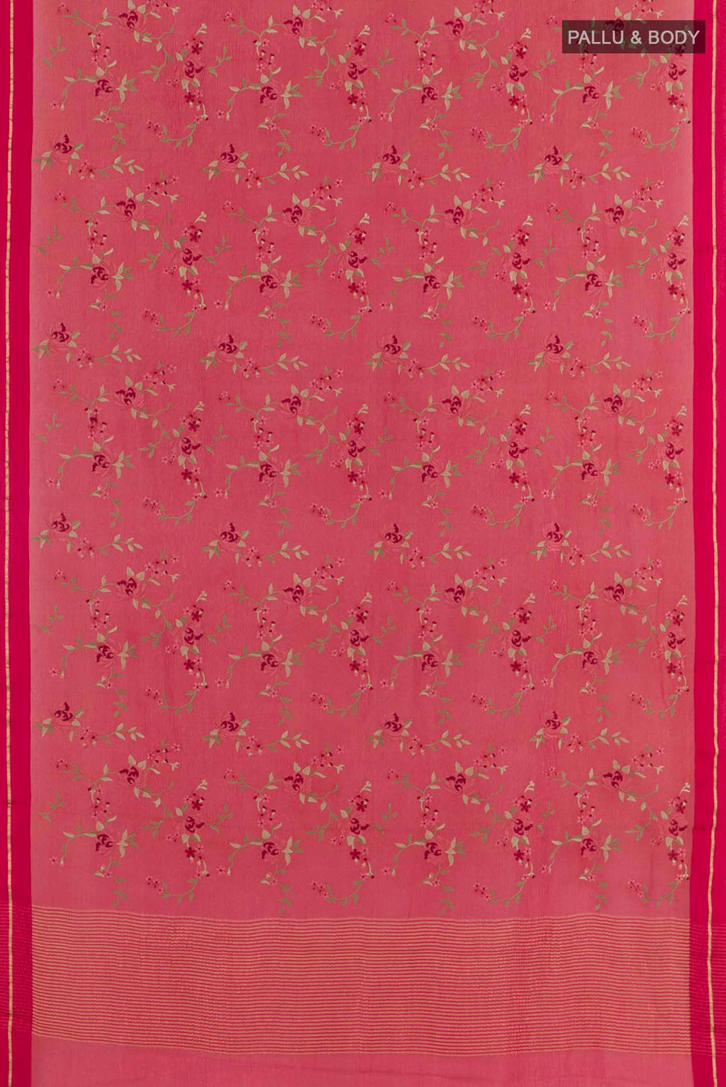 Flat view of Pink Mysore Crepe Saree with Embroidery on the body and Zari Border. 