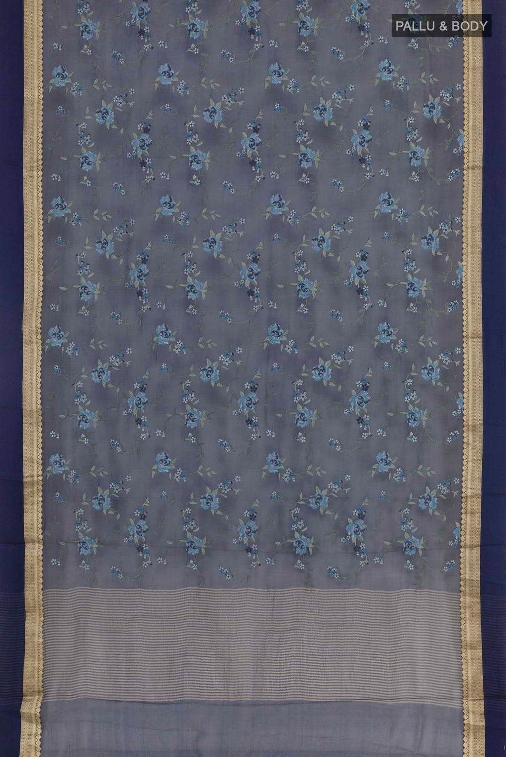 Flat view of Blue Mysore Chiffon Saree with Embroidery on the body and Zari Border. 