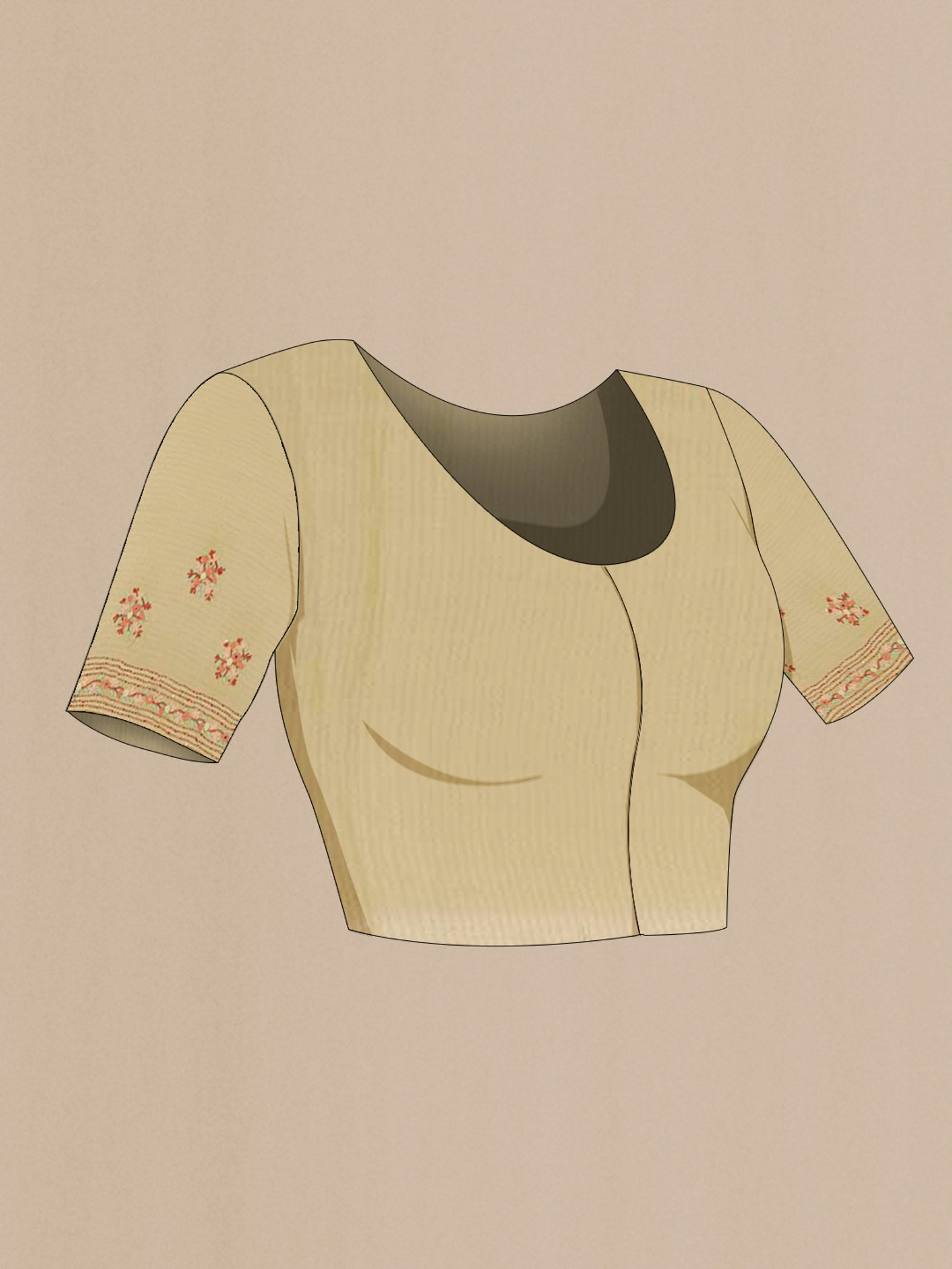 Close up image of the blouse of Lemon Yellow Mysore Crepe Saree with Stripes on the body and Embroidery Border. 