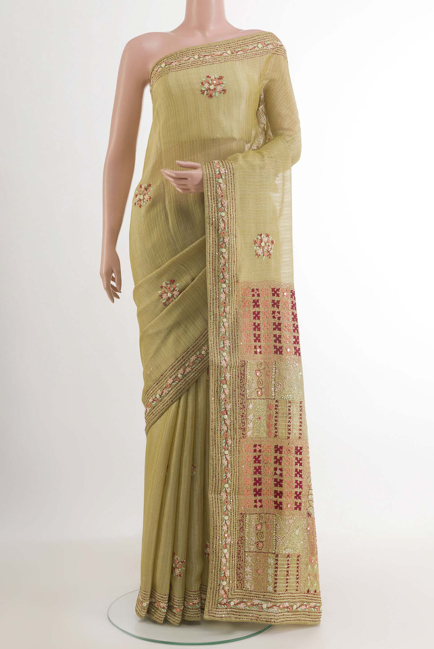 Lemon Yellow Mysore Crepe Saree with Stripes on the body and Embroidery Border.  displayed on a mannequin