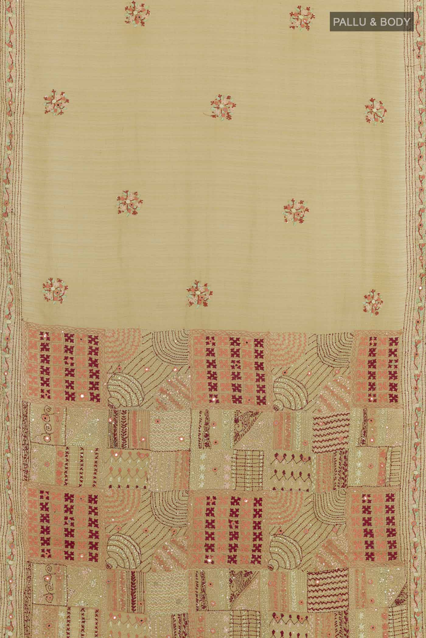 Flat view of Lemon Yellow Mysore Crepe Saree with Stripes on the body and Embroidery Border. 