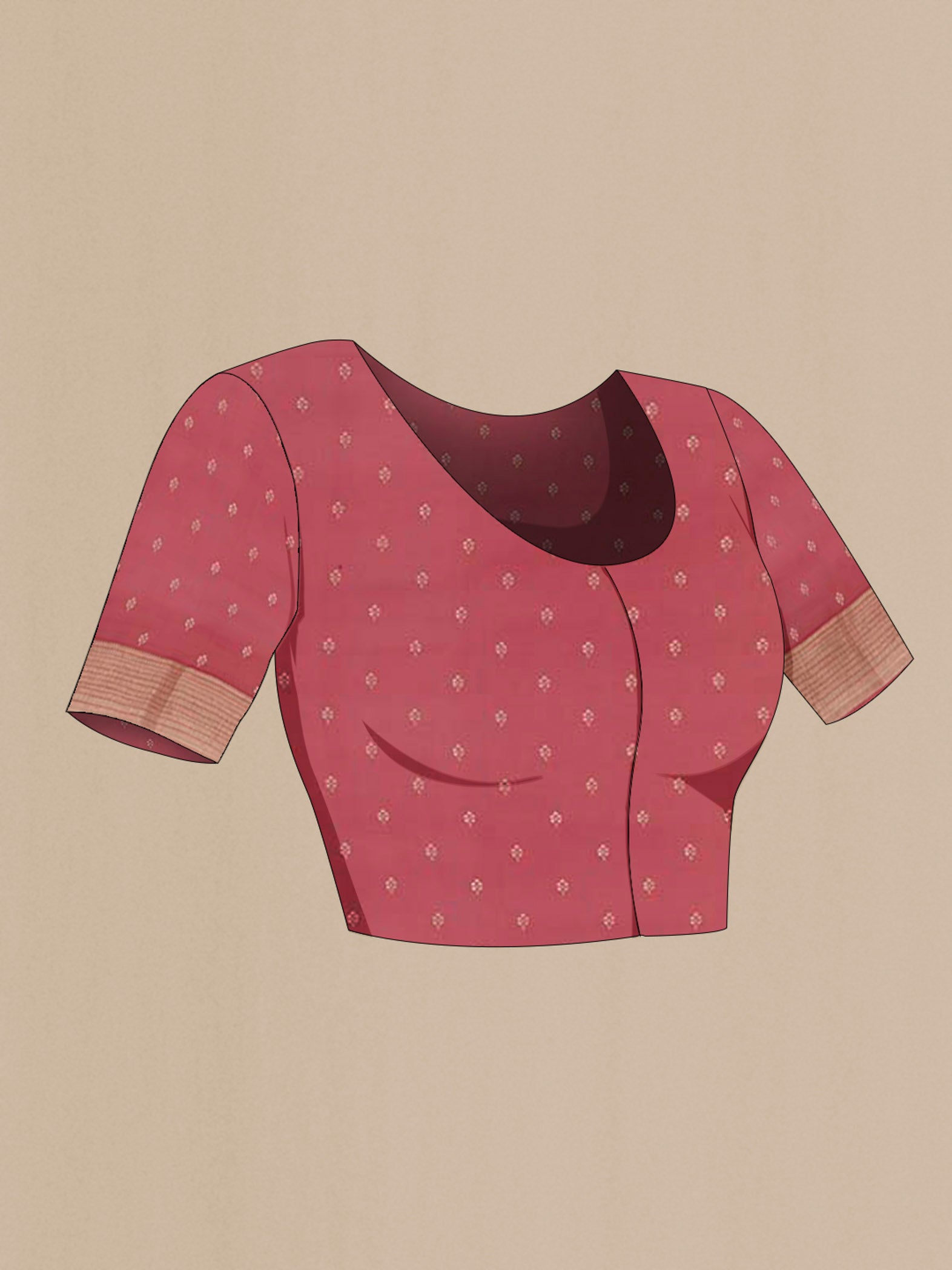 Close up image of the blouse of Red Mysore Crepe Saree with Zari Brocade on the body and Zari Border. 