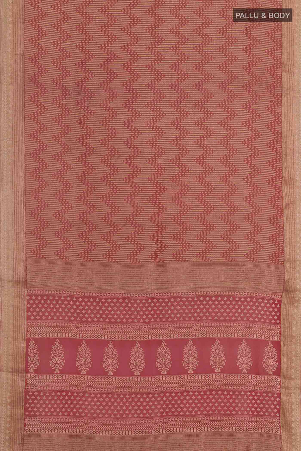 Flat view of Red Mysore Crepe Saree with Zari Brocade on the body and Zari Border. 