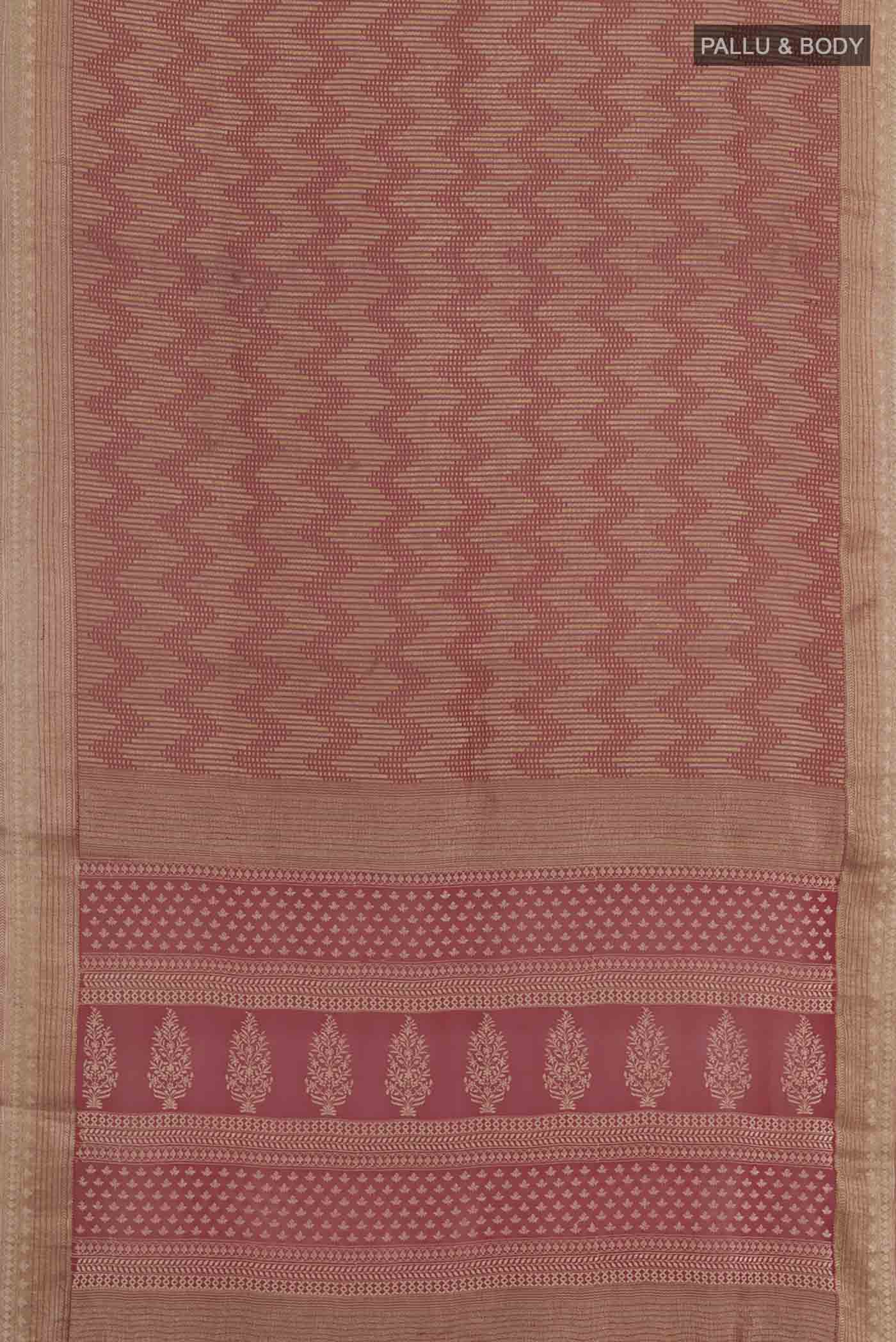 Flat view of Red Mysore Crepe Saree with Zari Brocade on the body and Zari Border. 