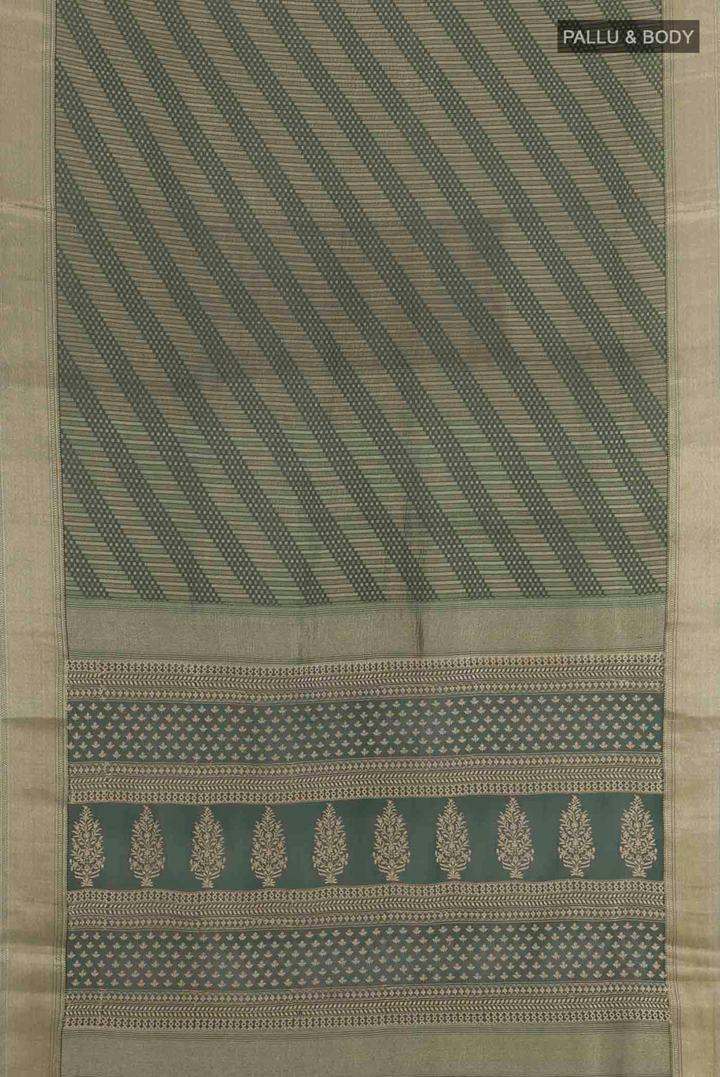 Flat view of Green Mysore Crepe Saree with Zari Brocade on the body and Zari Border. 