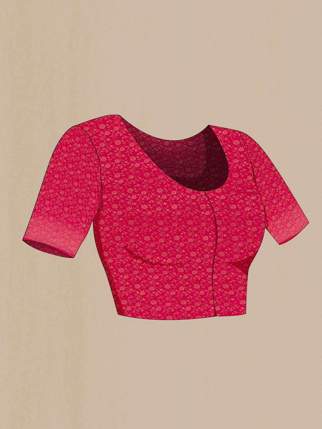 Close up image of the blouse of Red Mysore Chiffon Saree with Embroidery on the body and Zari Border. 