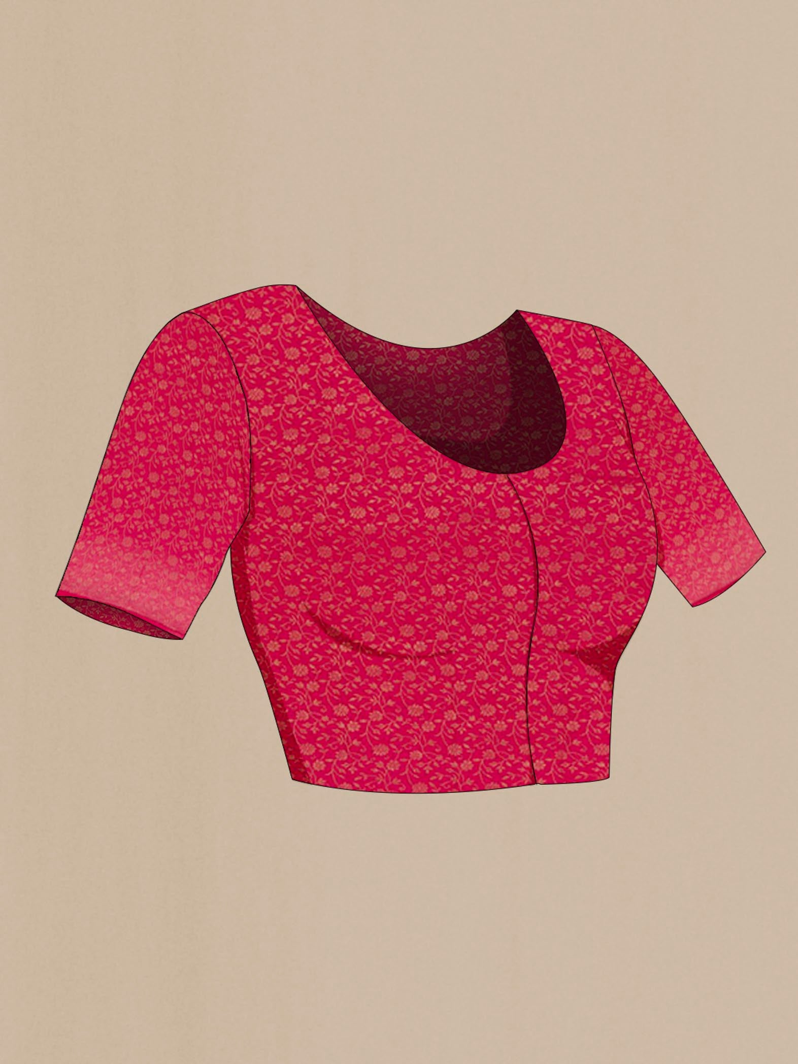 Close up image of the blouse of Red Mysore Chiffon Saree with Embroidery on the body and Zari Border. 