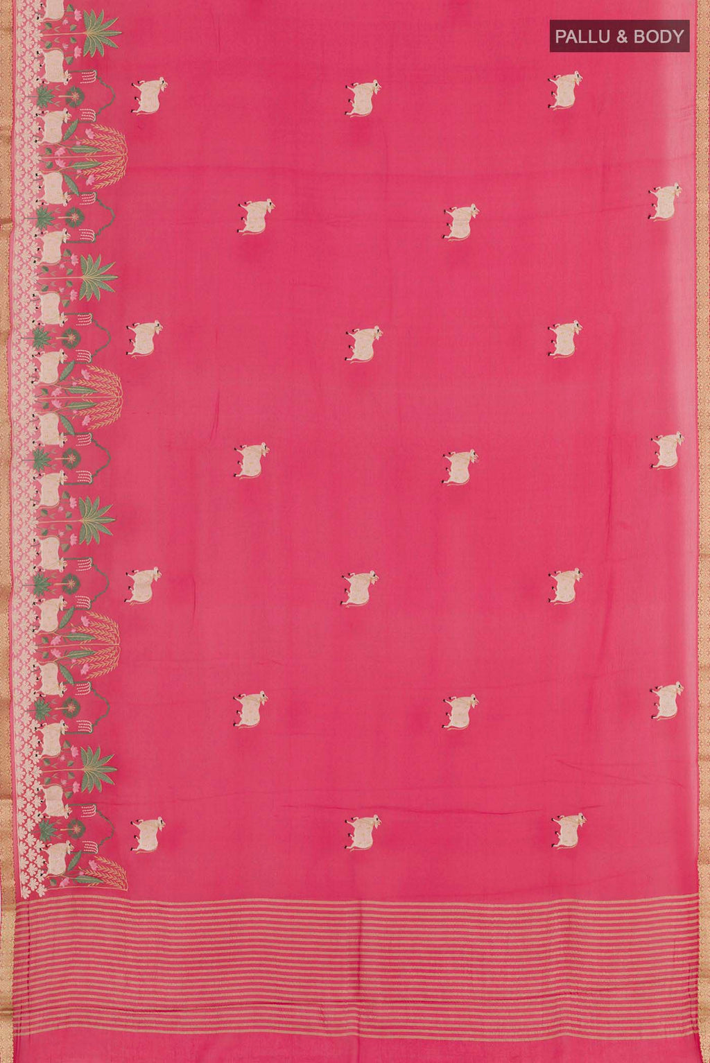 Flat view of Red Mysore Chiffon Saree with Embroidery on the body and Zari Border. 