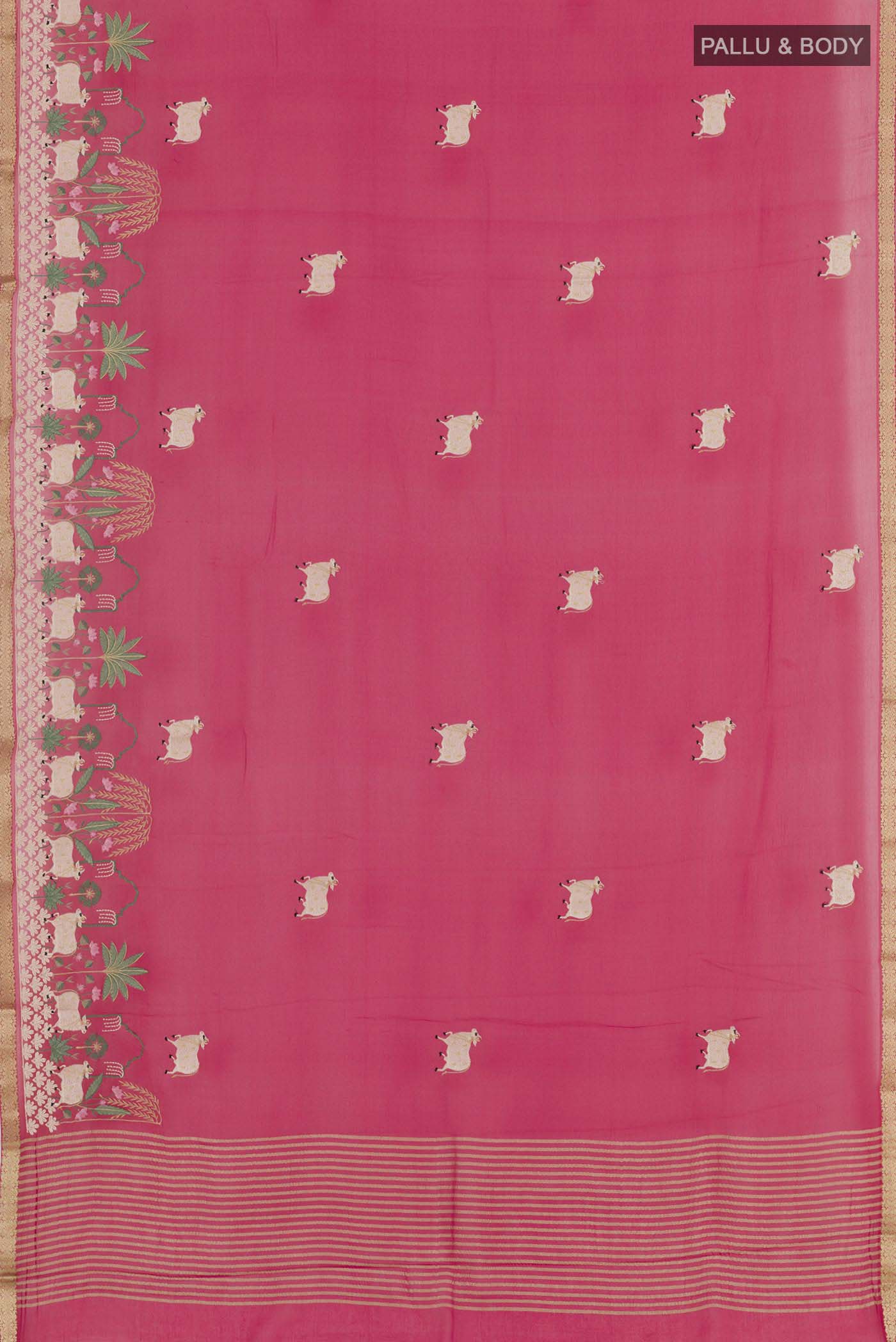 Flat view of Red Mysore Chiffon Saree with Embroidery on the body and Zari Border. 