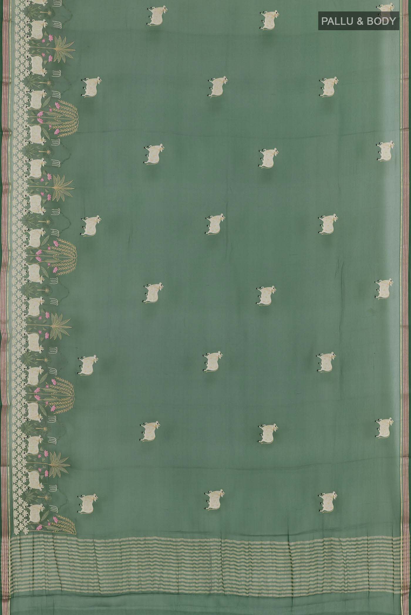 Flat view of Bottle Green Mysore Chiffon Saree with Embroidery on the body and Zari Border. 
