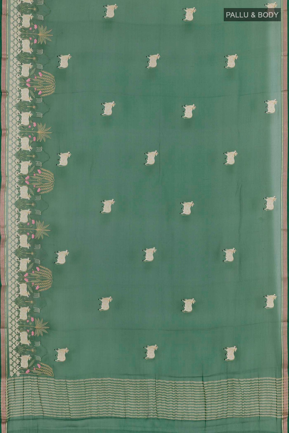 Flat view of Bottle Green Mysore Chiffon Saree with Embroidery on the body and Zari Border. 