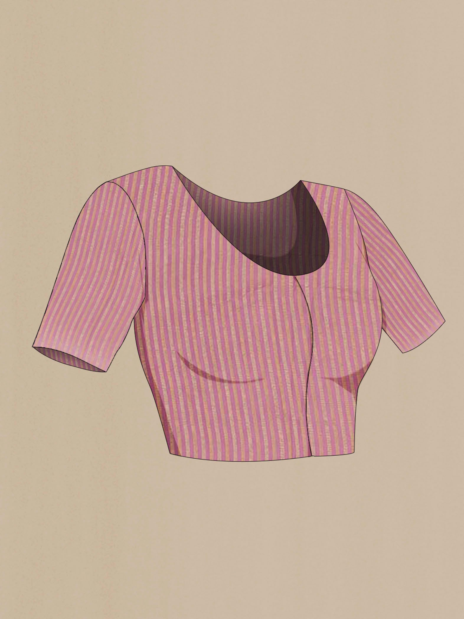 Close up image of the blouse of Imperial Pink Mysore Georgette Saree with Thread Butta on the body and Zari Border. 