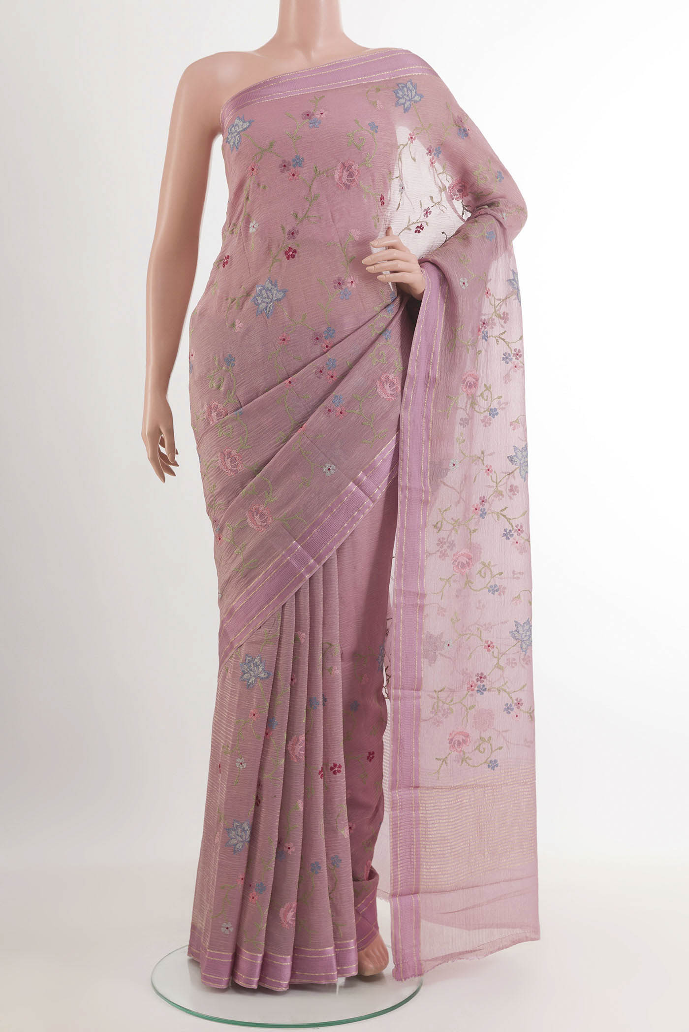 Imperial Pink Mysore Georgette Saree with Thread Butta on the body and Zari Border.  displayed on a mannequin
