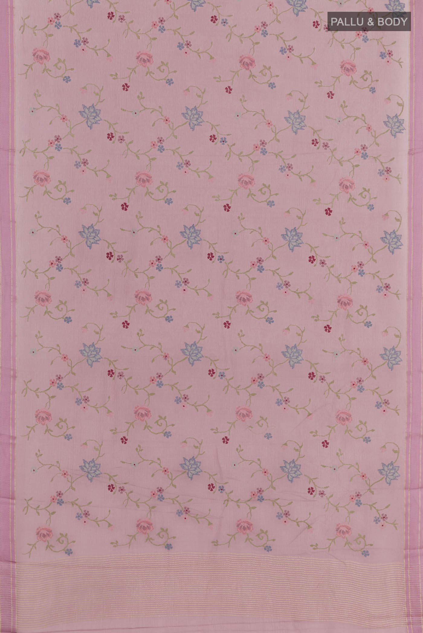 Flat view of Imperial Pink Mysore Georgette Saree with Thread Butta on the body and Zari Border. 