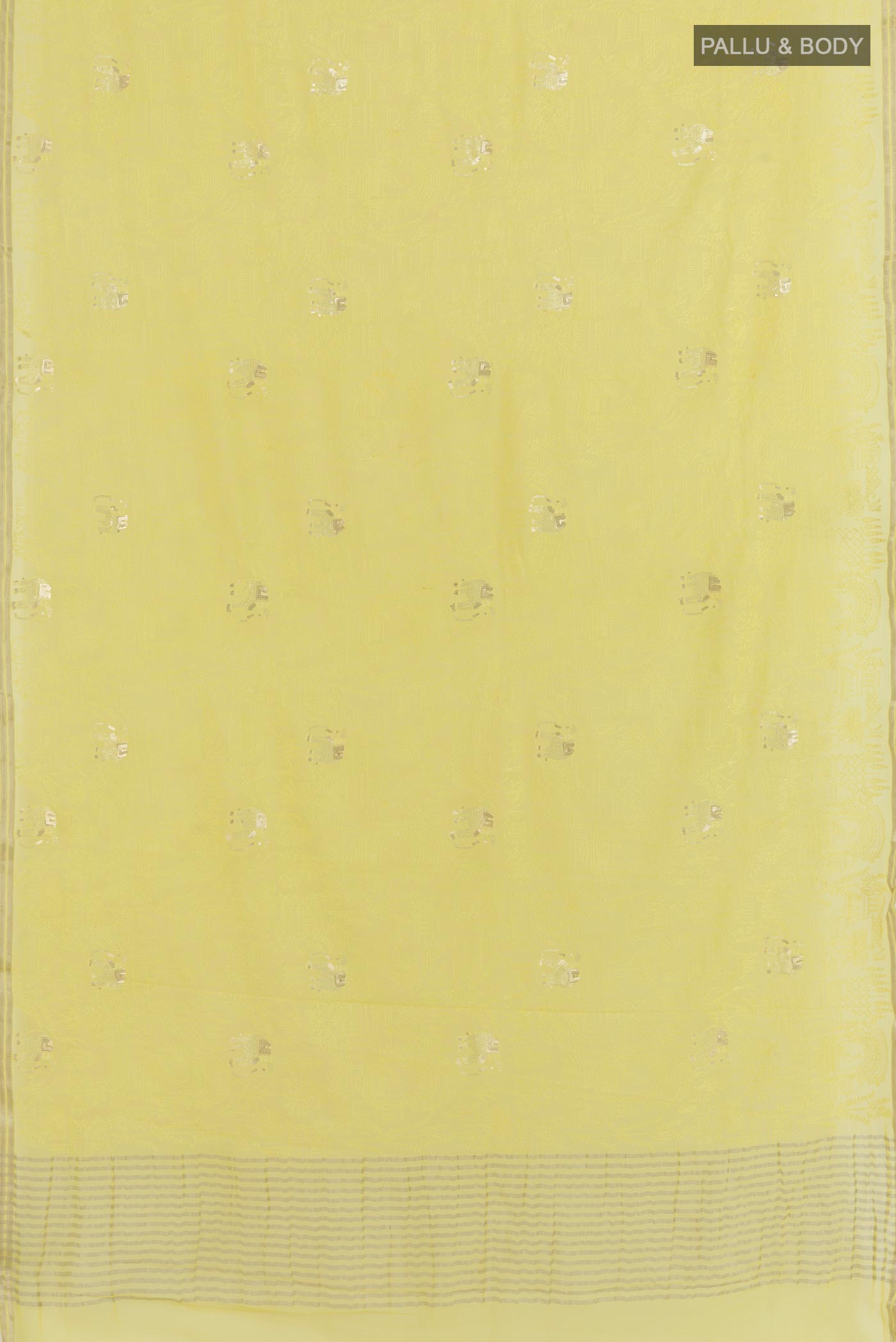 Flat view of Lemon Yellow Mysore Chiffon Saree with Embroidery on the body and Zari Border. 