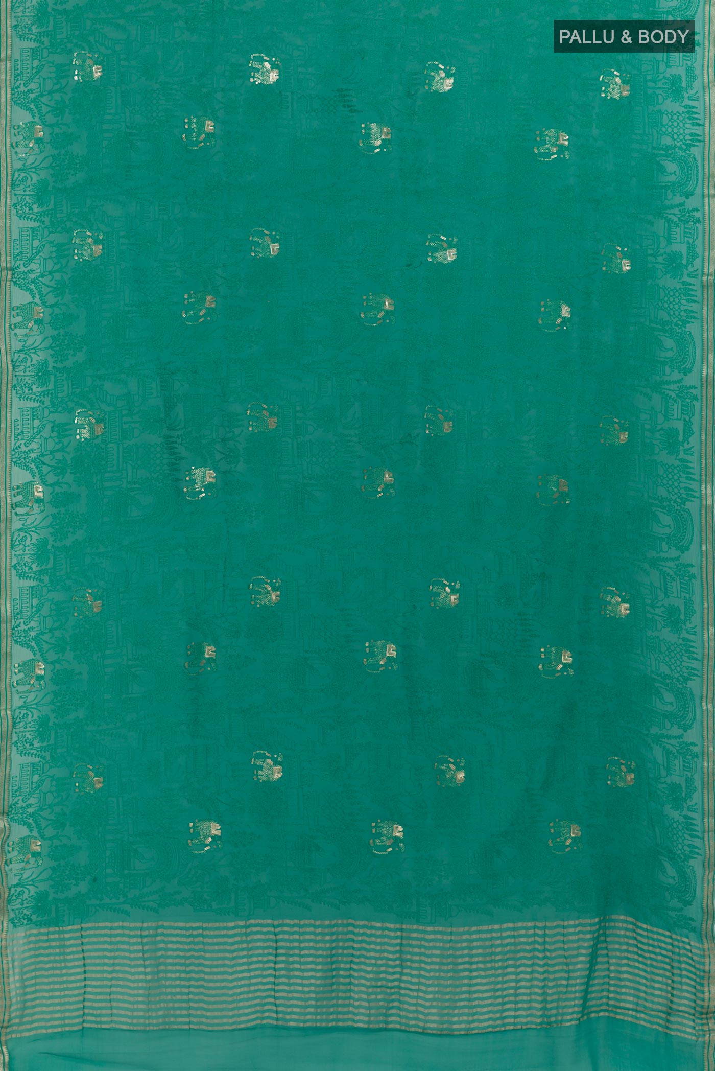 Flat view of Sea Green Mysore Chiffon Saree with Embroidery on the body and Zari Border. 