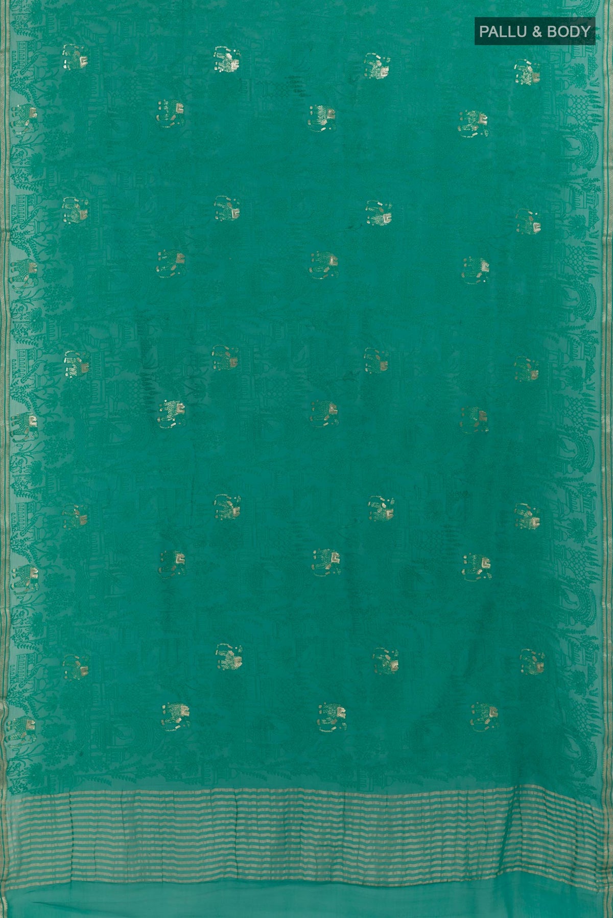Flat view of Sea Green Mysore Chiffon Saree with Embroidery on the body and Zari Border. 