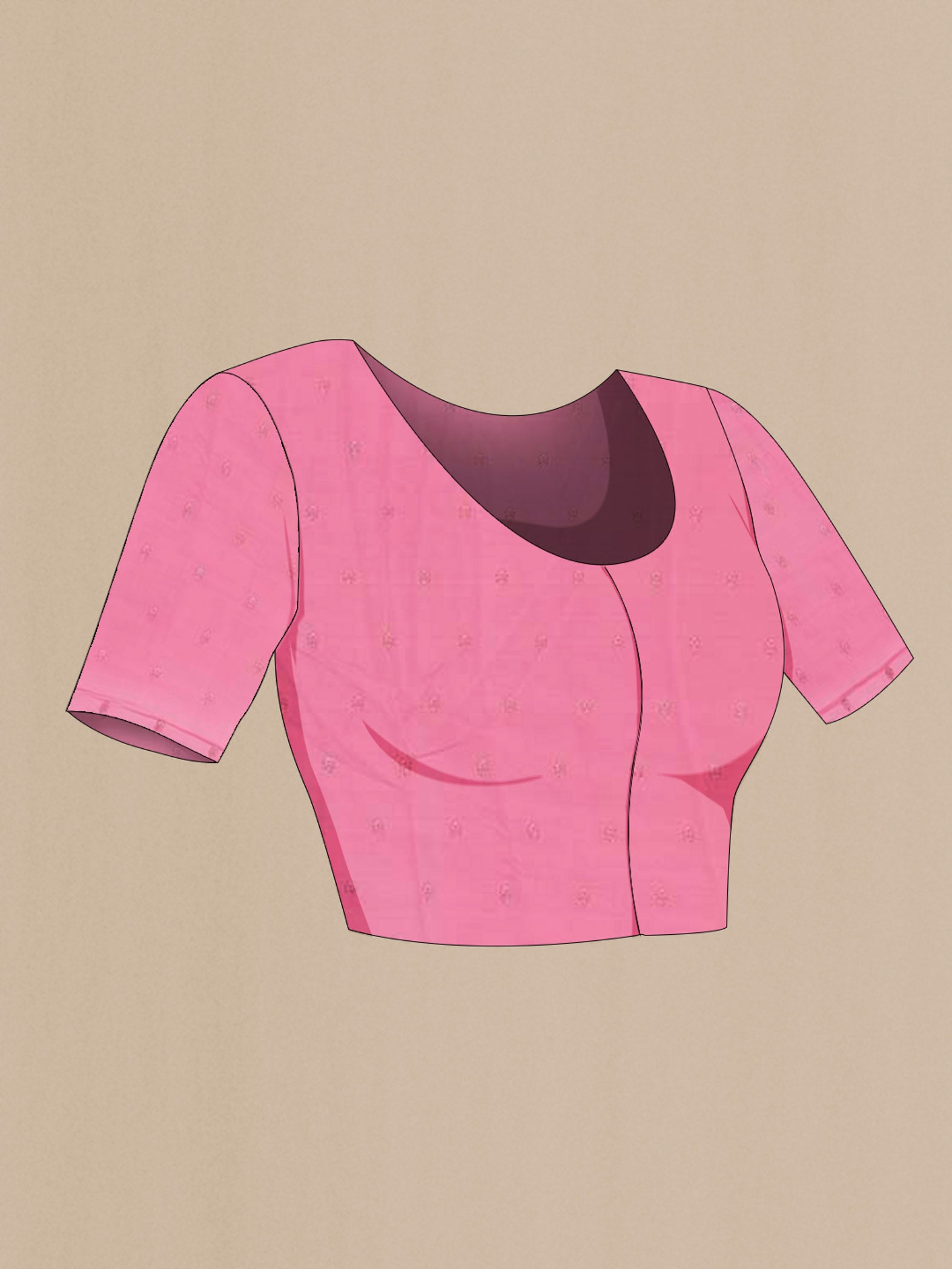Close up image of the blouse of Pink Mysore Chiffon Saree with Embroidery on the body and Plain Border. 