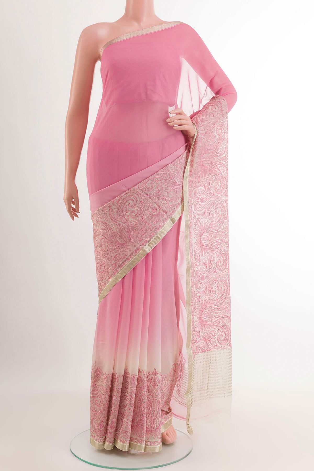 Pink Mysore Chiffon Saree with Embroidery on the body and Plain Border.  displayed on a mannequin