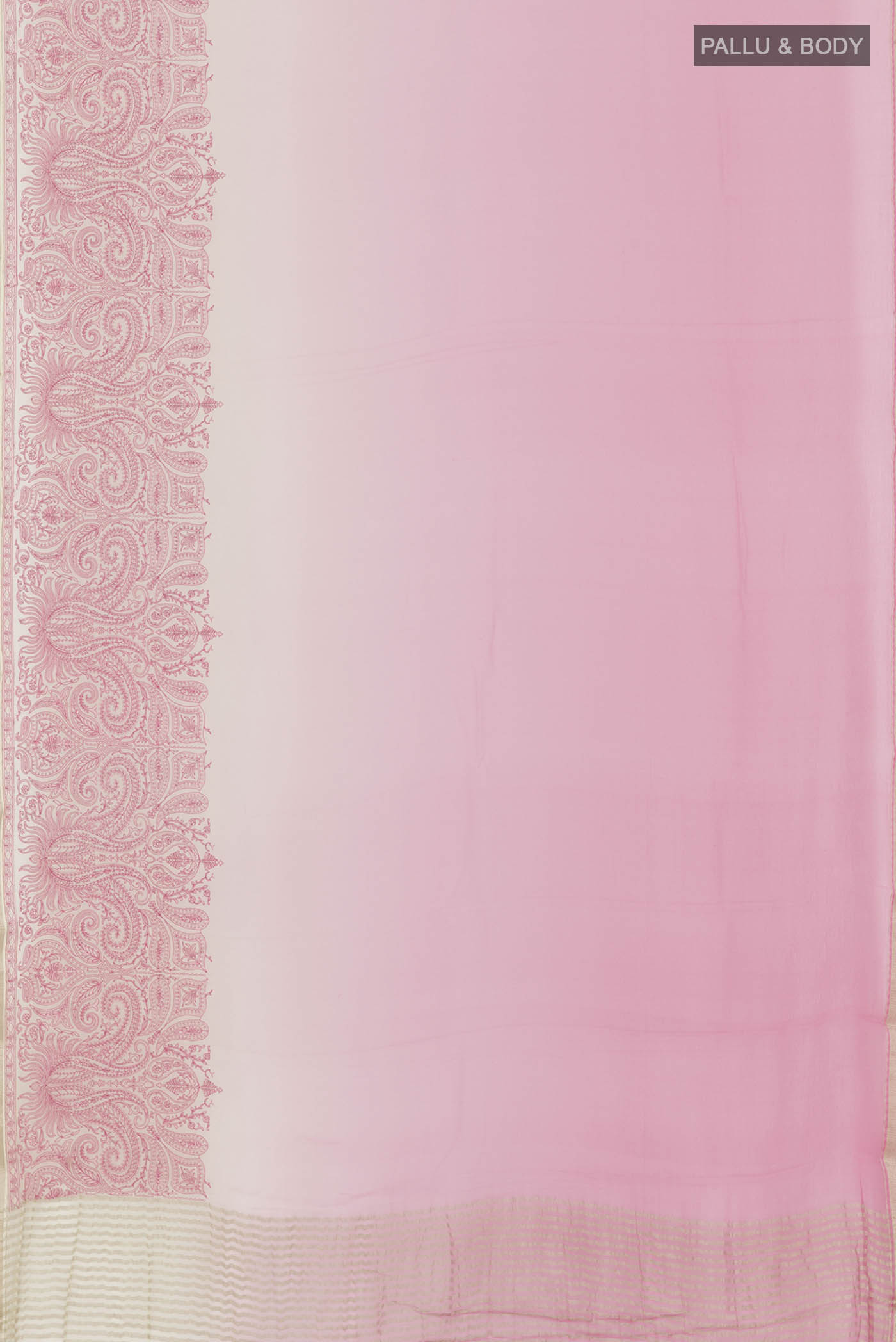 Flat view of Pink Mysore Chiffon Saree with Embroidery on the body and Plain Border. 