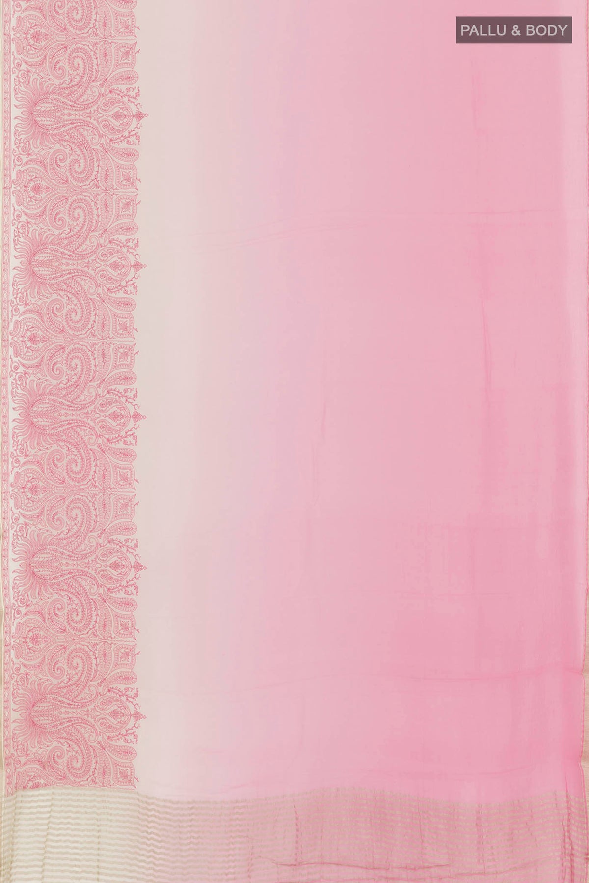 Flat view of Pink Mysore Chiffon Saree with Embroidery on the body and Plain Border. 