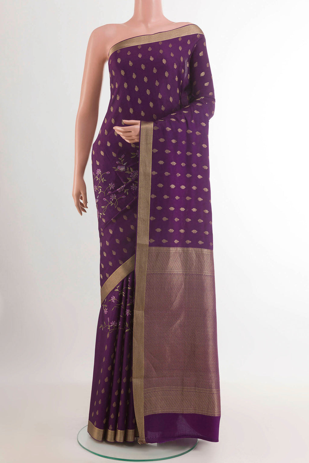 Purple Mysore Crepe Saree with Zari Butta on the body and Zari Border.  displayed on a mannequin