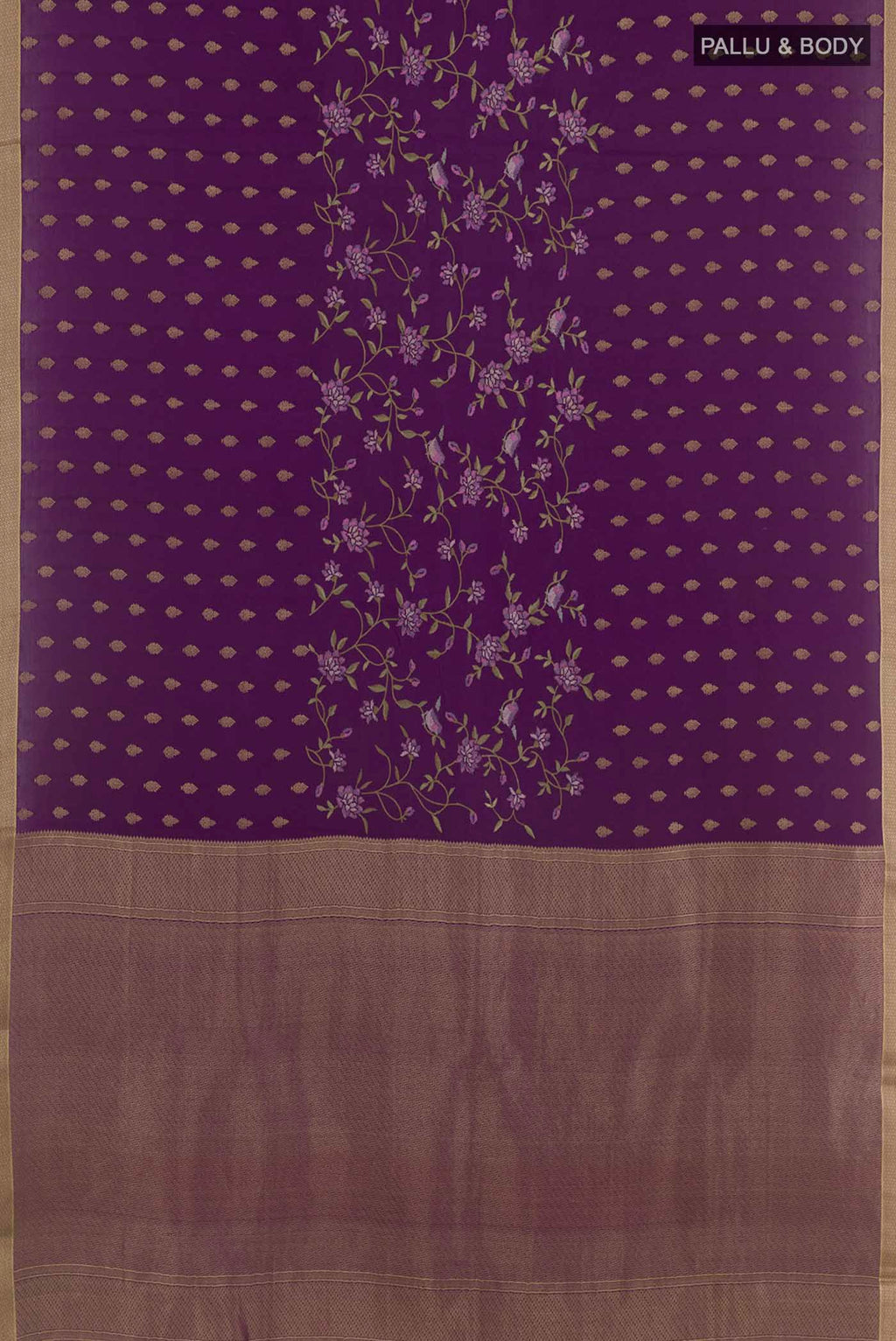 Flat view of Purple Mysore Crepe Saree with Zari Butta on the body and Zari Border. 