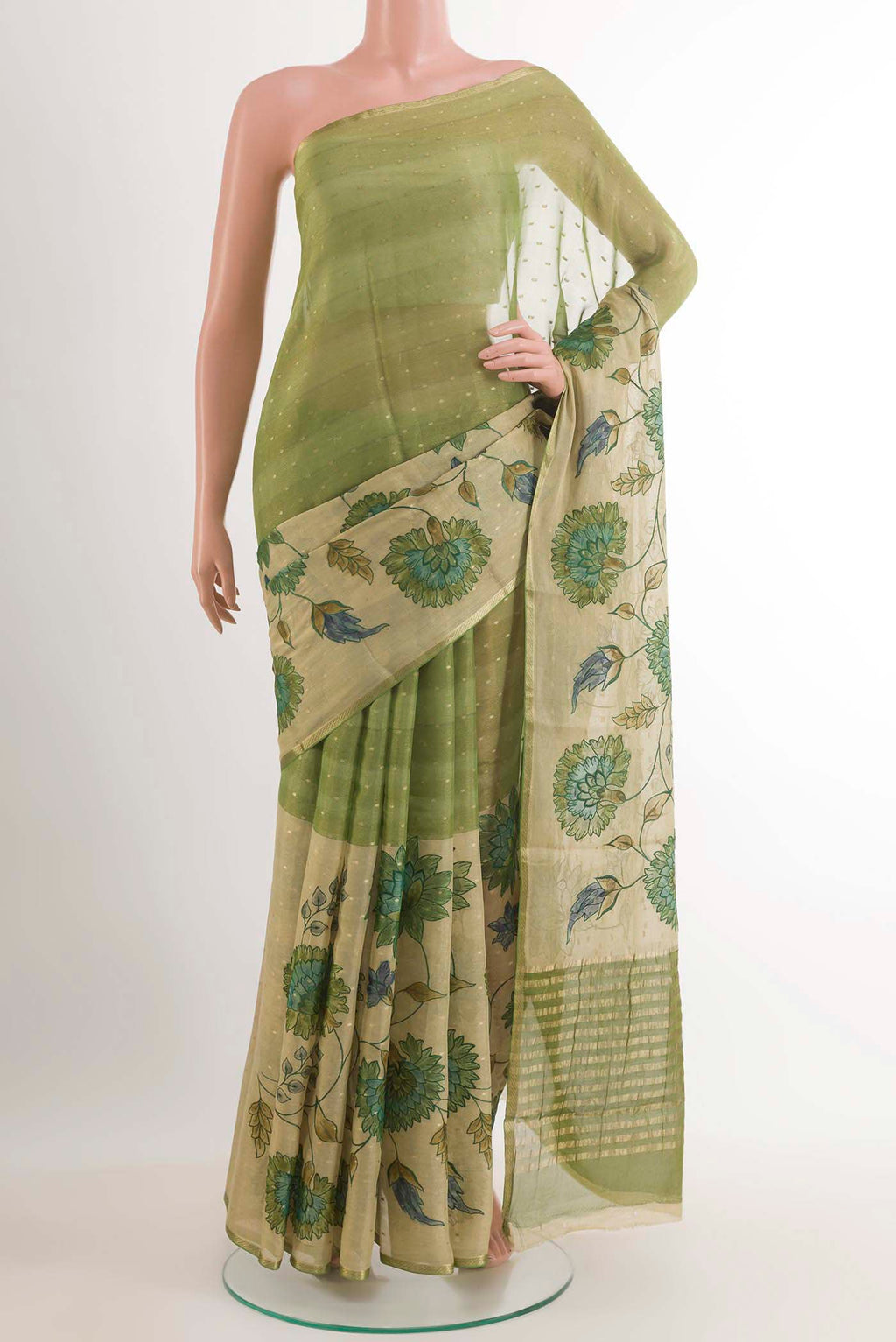 Green Mysore Chiffon Saree with Embroidery on the body and Zari Border.  displayed on a mannequin