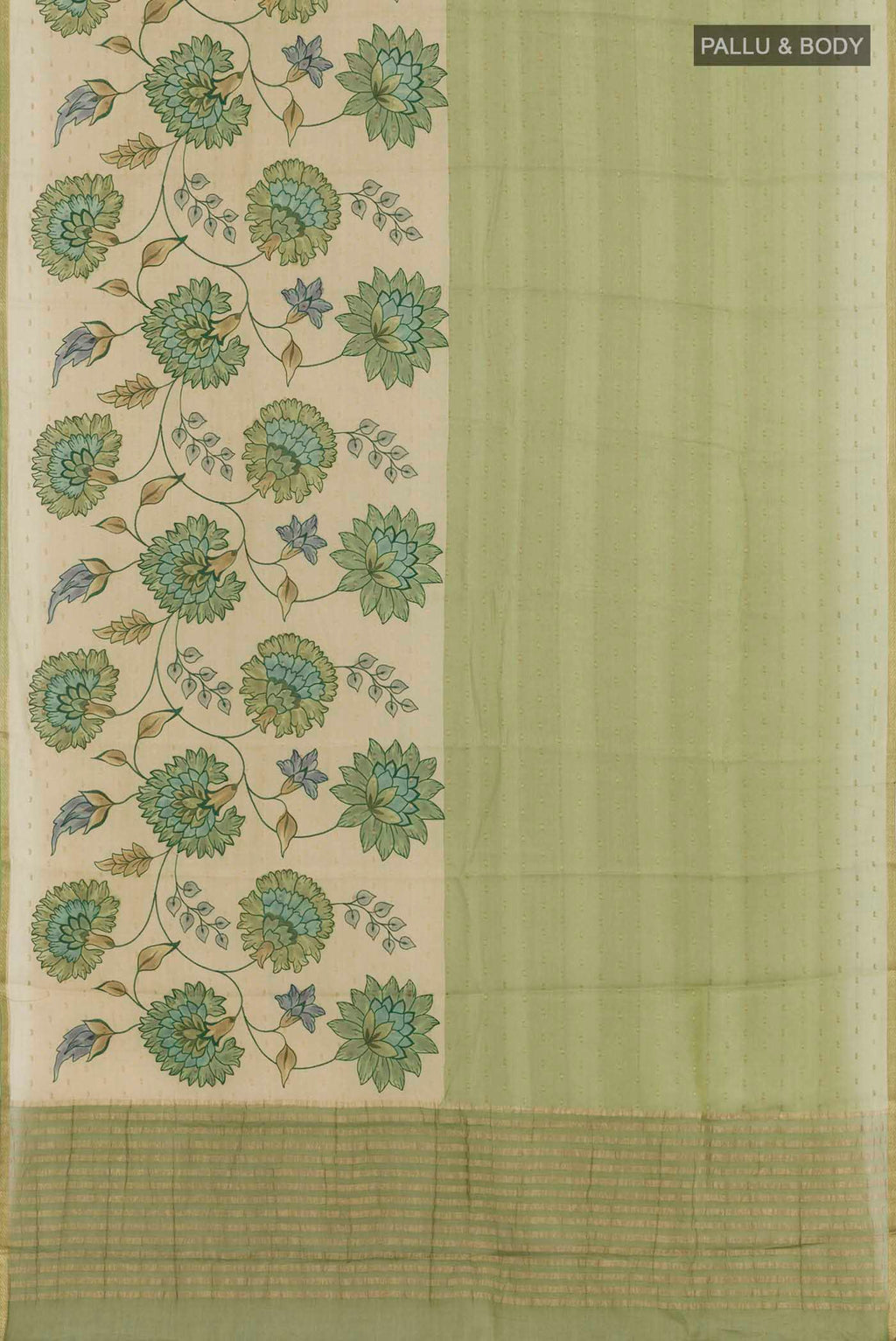 Flat view of Green Mysore Chiffon Saree with Embroidery on the body and Zari Border. 