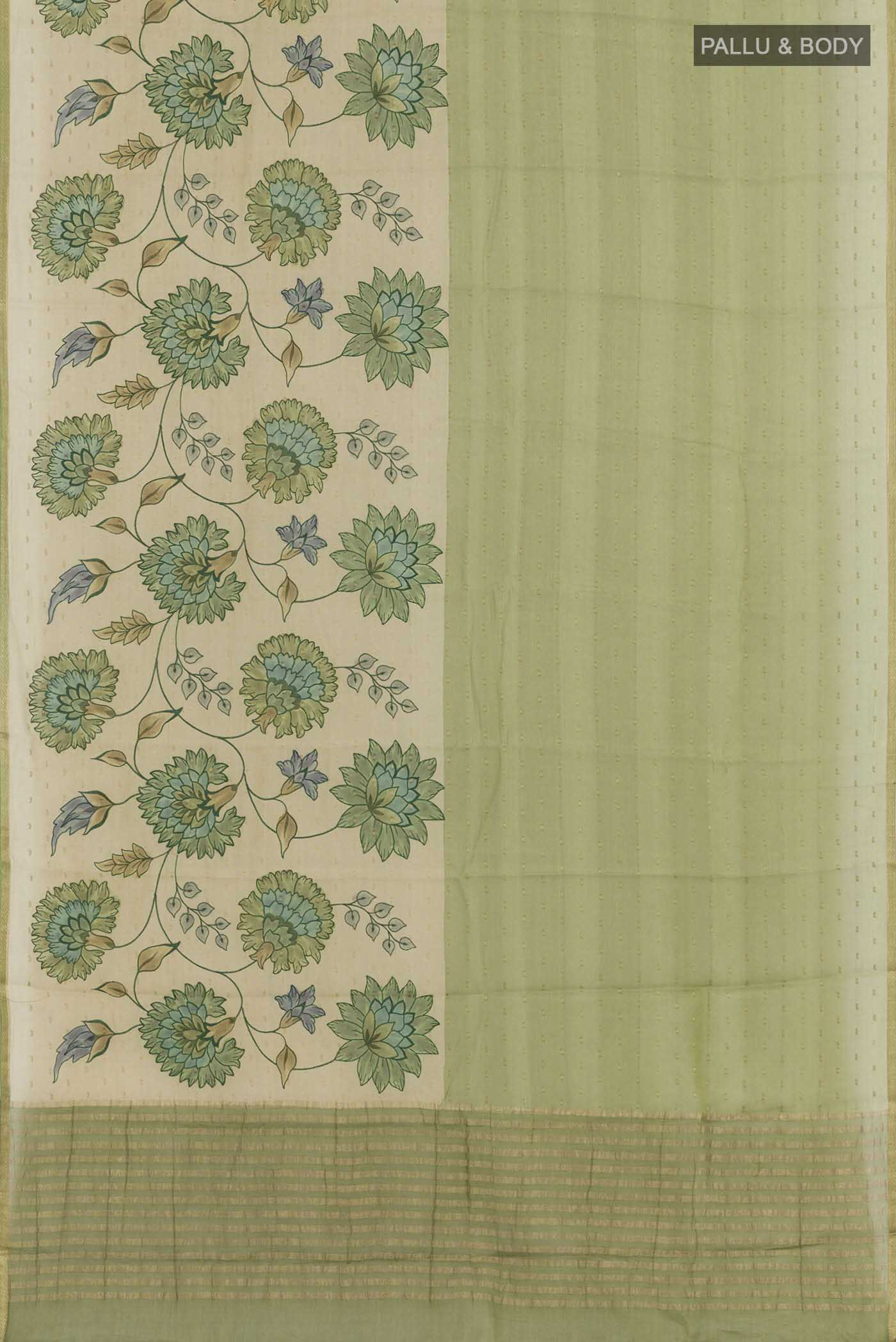 Flat view of Green Mysore Chiffon Saree with Embroidery on the body and Zari Border. 