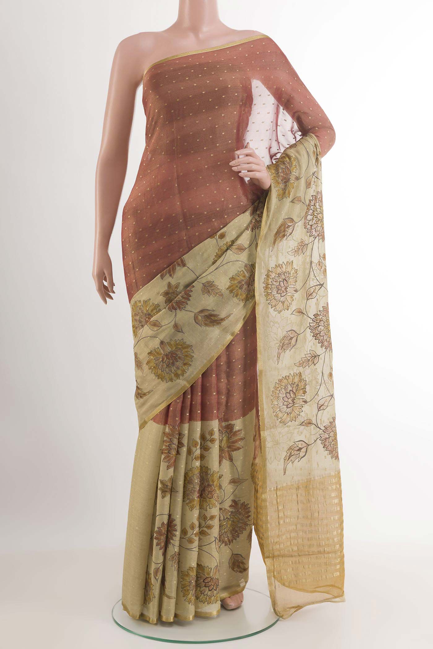 Pink Mysore Chiffon Saree with Zari Butta on the body and Skirt Border.  displayed on a mannequin