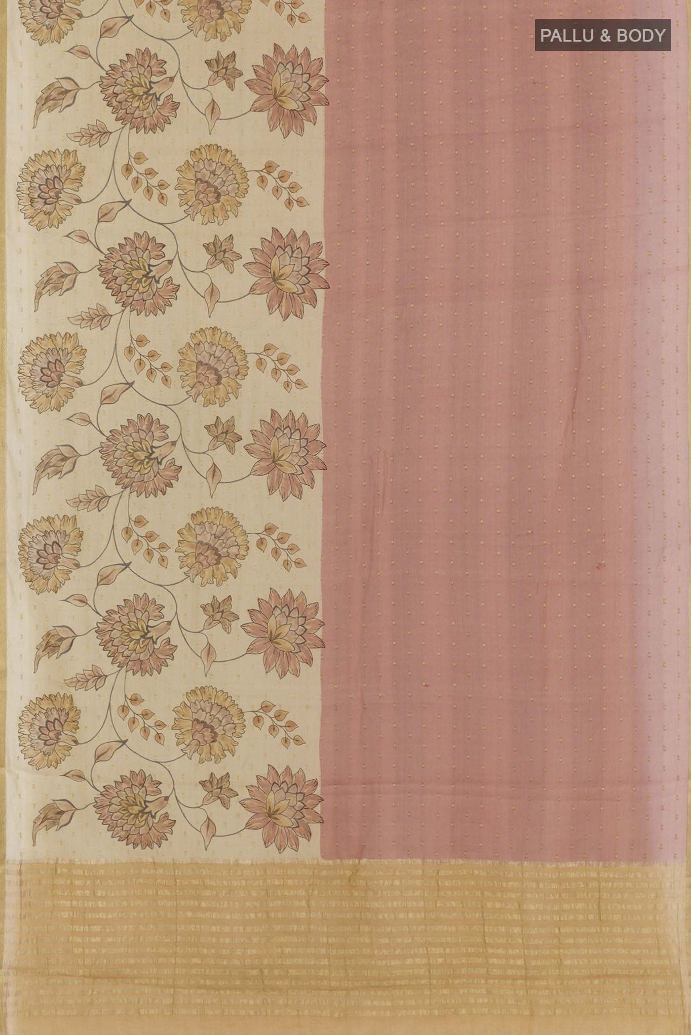 Flat view of Pink Mysore Chiffon Saree with Zari Butta on the body and Skirt Border. 