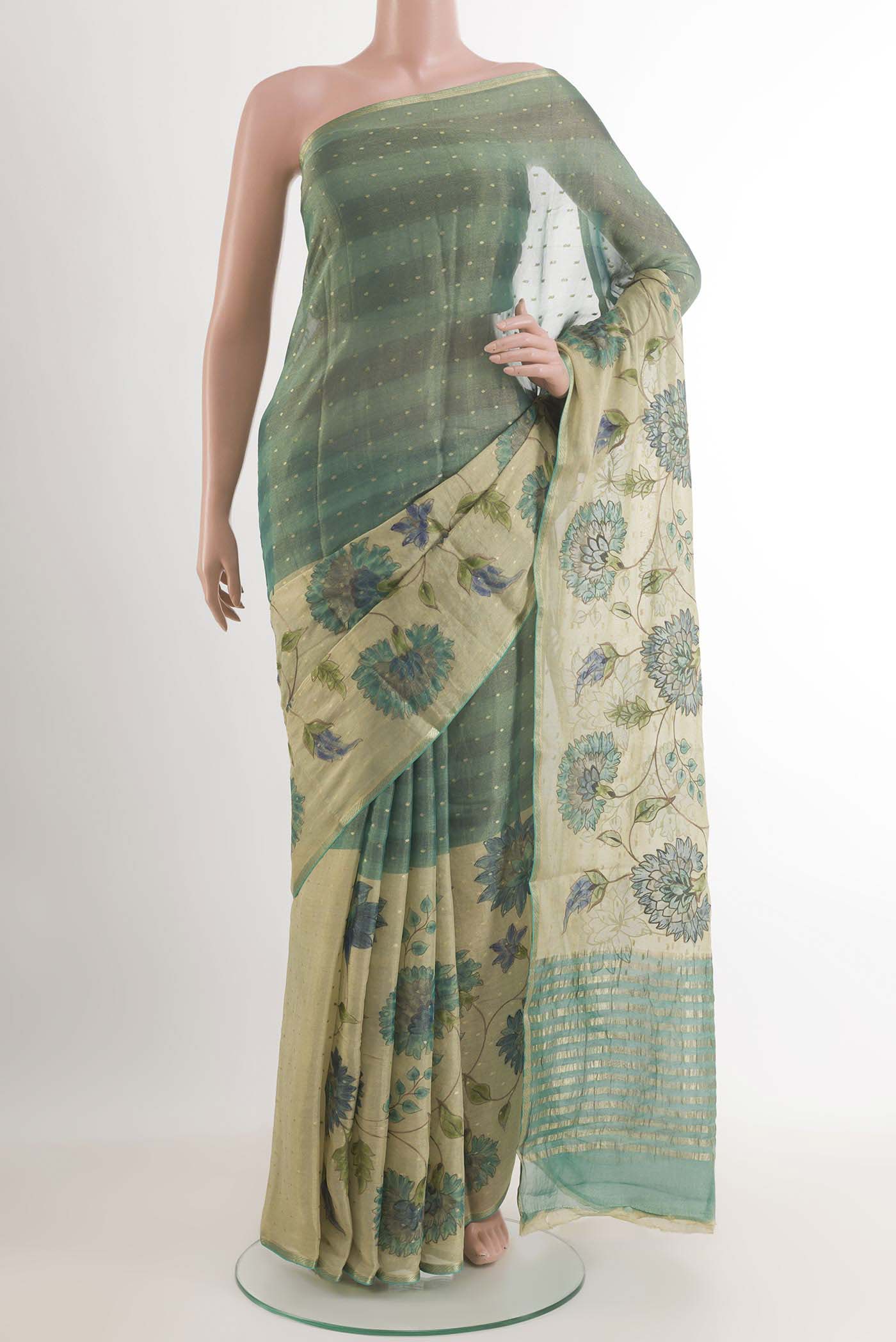 Peacock Blue Mysore Chiffon Saree with Zari Butta on the body and Skirt Border.  displayed on a mannequin