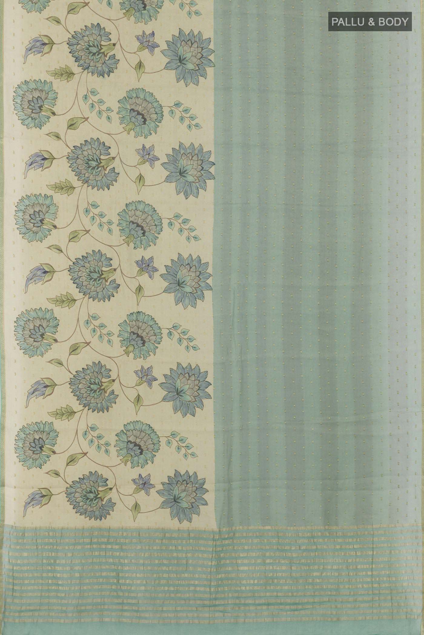 Flat view of Peacock Blue Mysore Chiffon Saree with Zari Butta on the body and Skirt Border. 