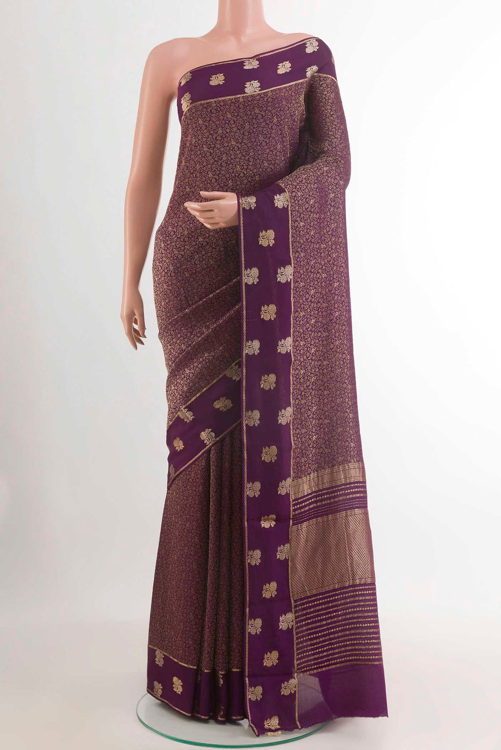 Purple Mysore Crepe Saree with Zari Brocade on the body and Zari Border.  displayed on a mannequin