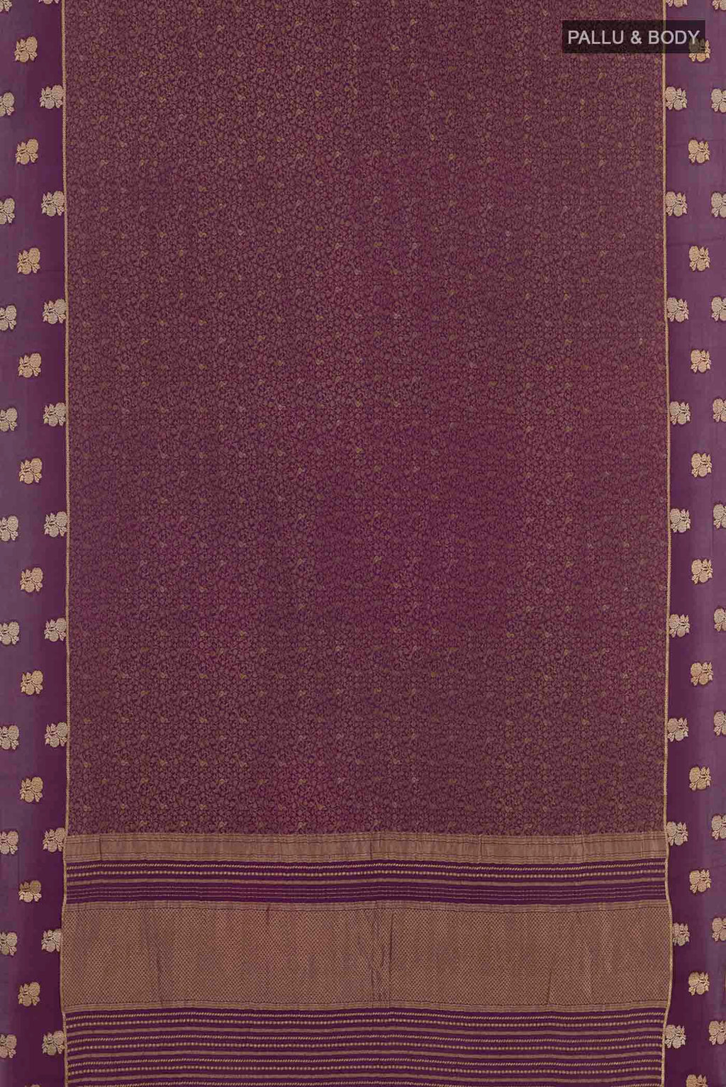 Flat view of Purple Mysore Crepe Saree with Zari Brocade on the body and Zari Border. 